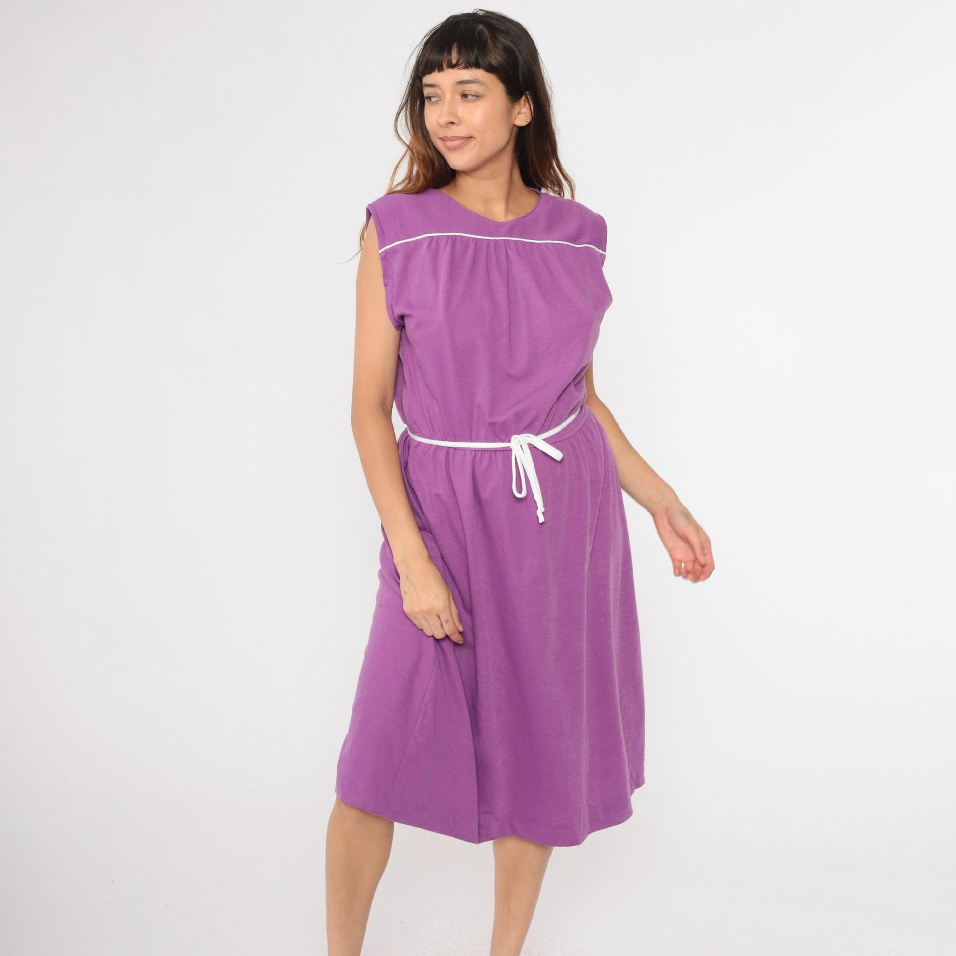 80s Purple Midi Sundress Sleeveless High Waist Button Shoulder Small Medium