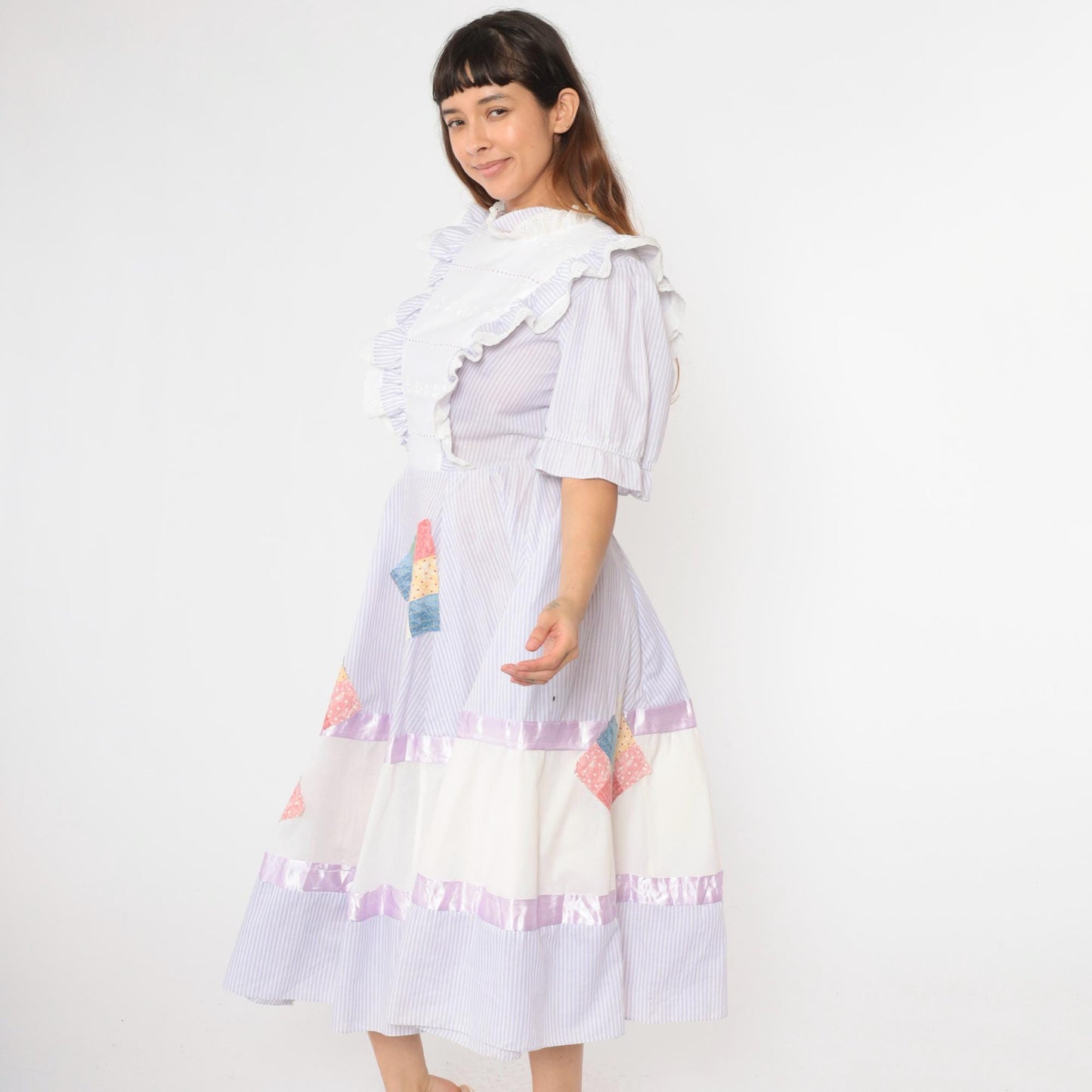 80s Jeri Bee Square Dance Dress Lavender Striped Puff Sleeve Midi Small