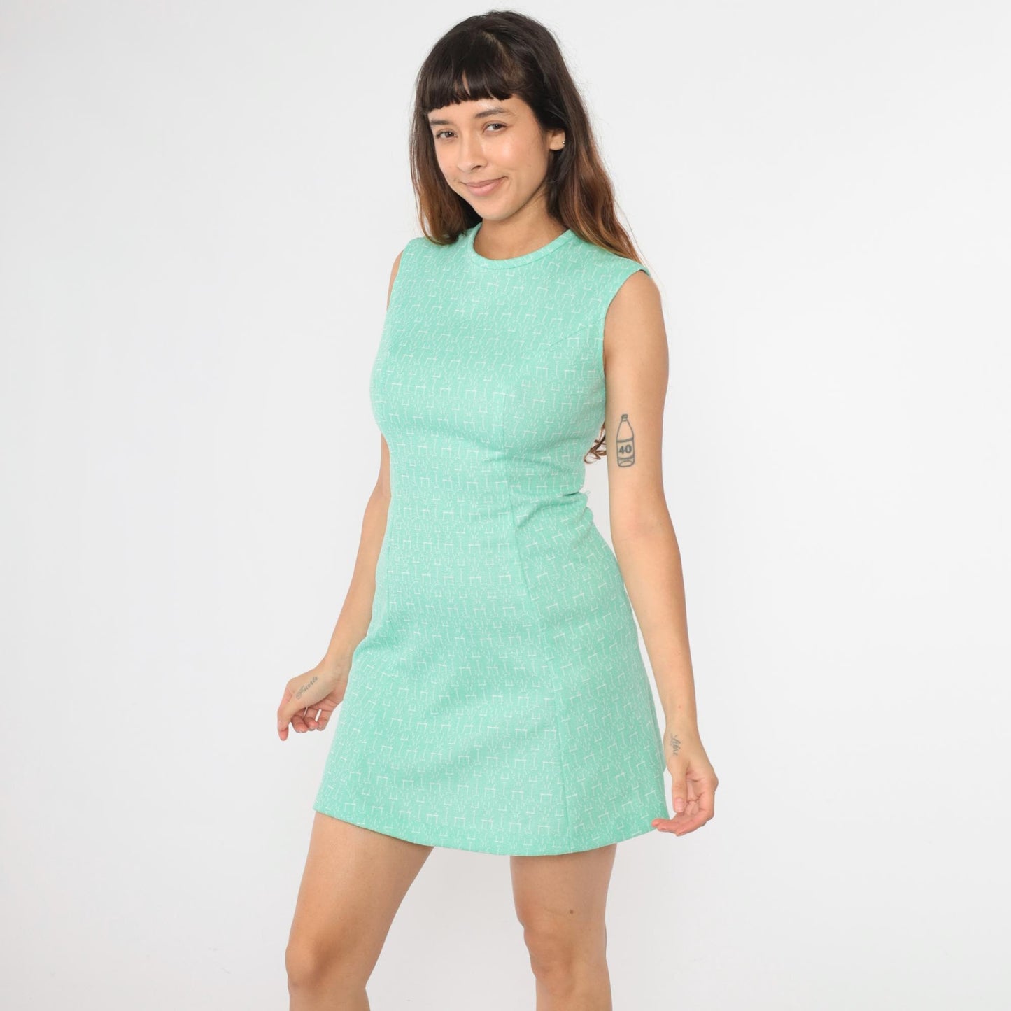 1960s Mint Geometric Print Shift Dress Sleeveless Mini Small