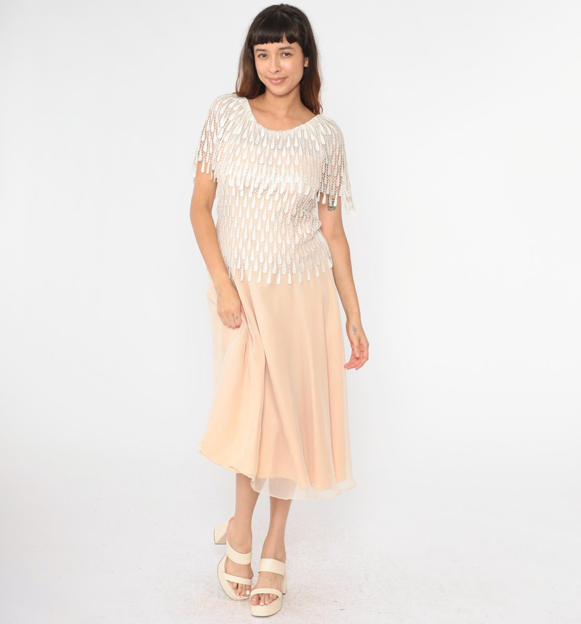 70s Peach Midi Dress Macramé Lace Capelet Chiffon Small