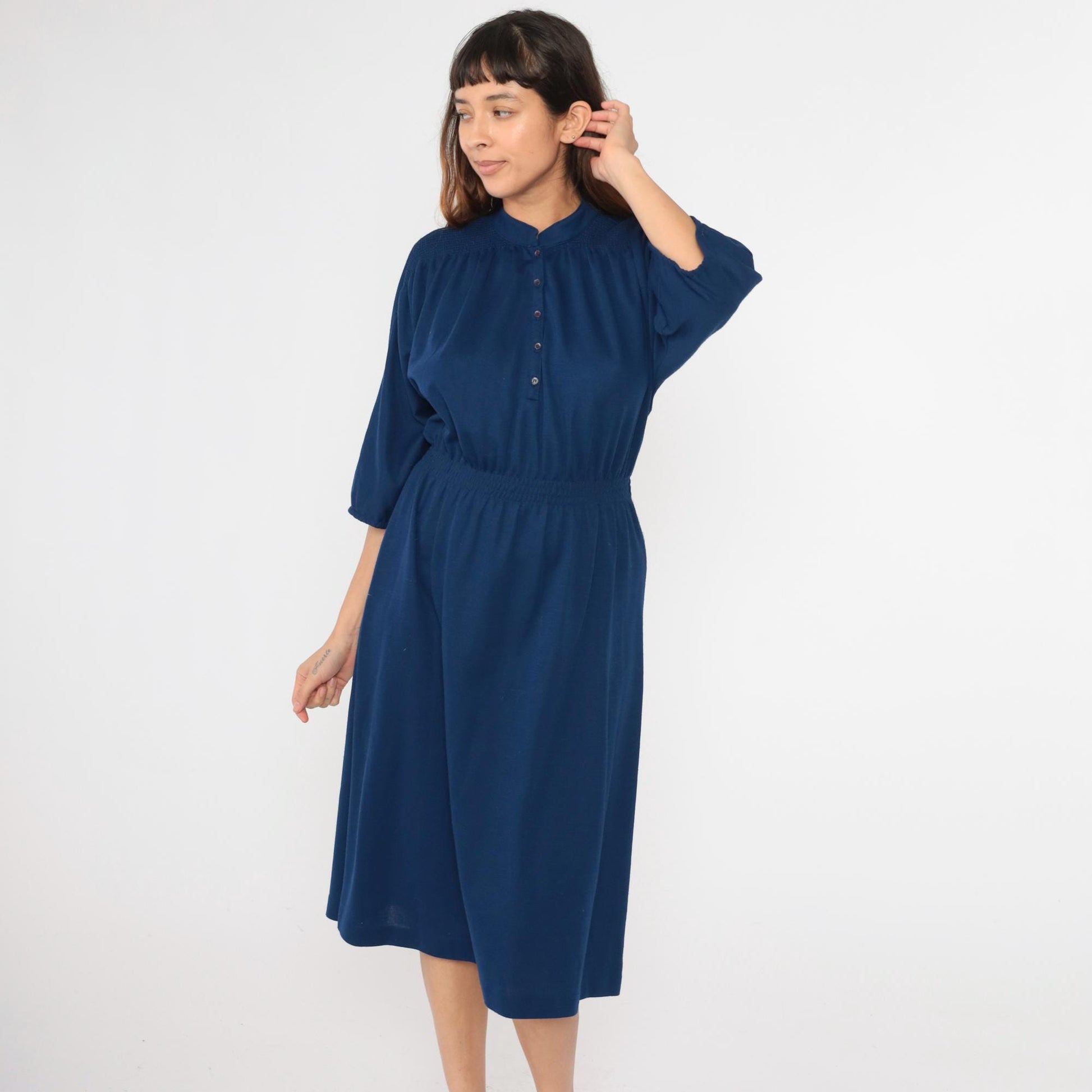 80s Leslie Fay Navy Mandarin Collar Shirtdress Midi Button-Up Small