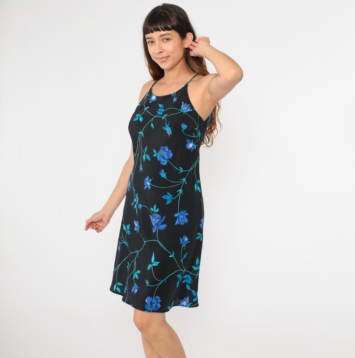 90s Black Floral Mini Dress Spaghetti Strap Shift Racerback Sleeveless Medium
