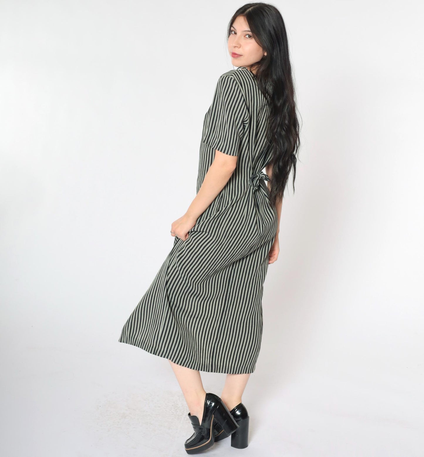 90s Kathie Lee Striped Cage Neck Midi Dress Black Grey Button Up Medium 8