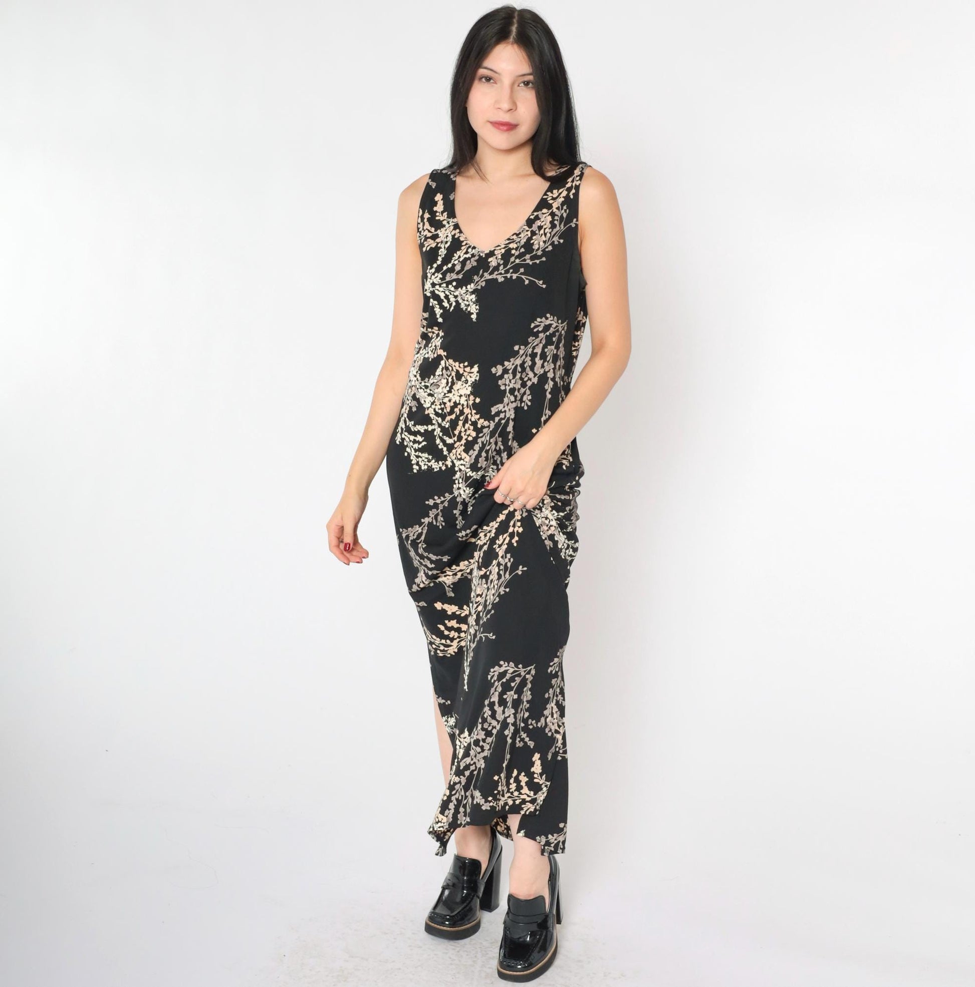 90s Black Floral Maxi Dress Sleeveless V-Neck Side Slit Medium