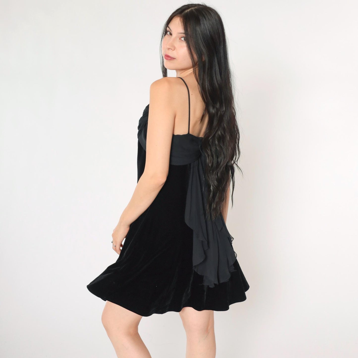 90s Black Velvet Chiffon Mini Dress Spaghetti Strap Train Medium 8