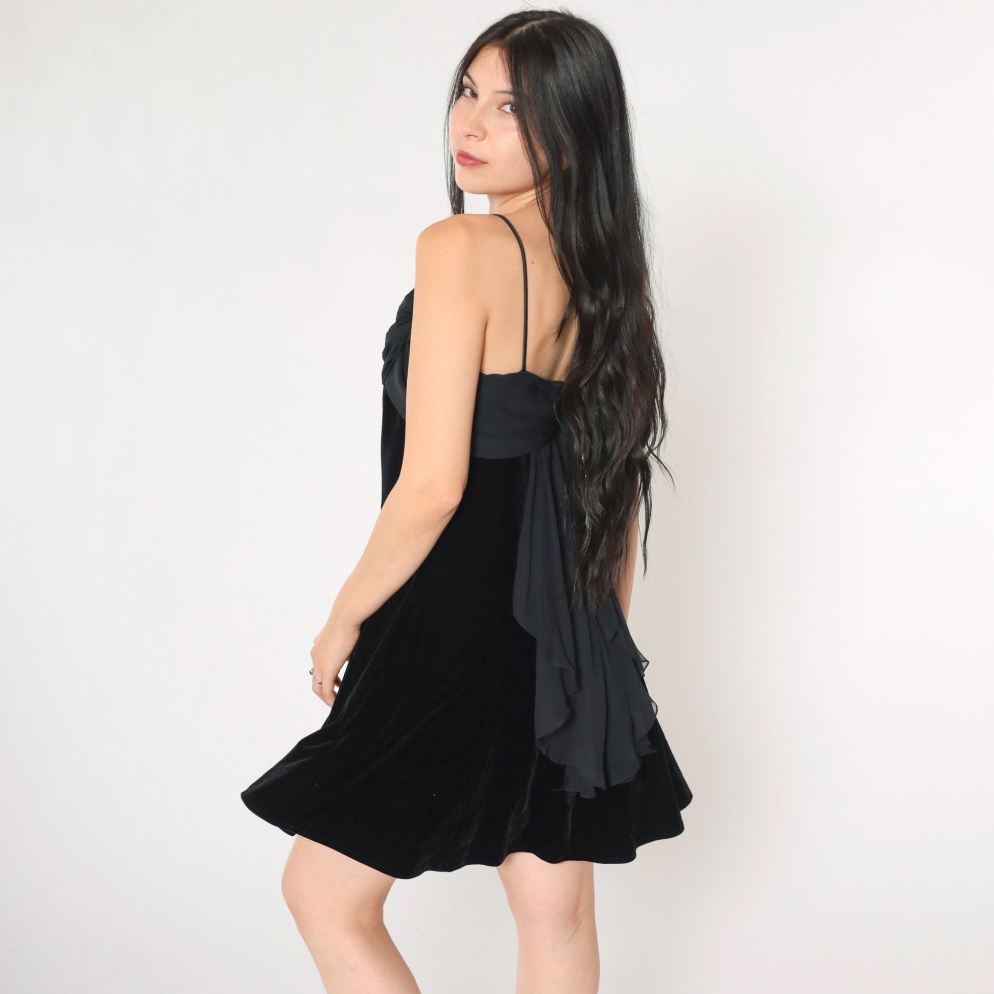 90s Black Velvet Chiffon Mini Dress Spaghetti Strap Train Medium 8