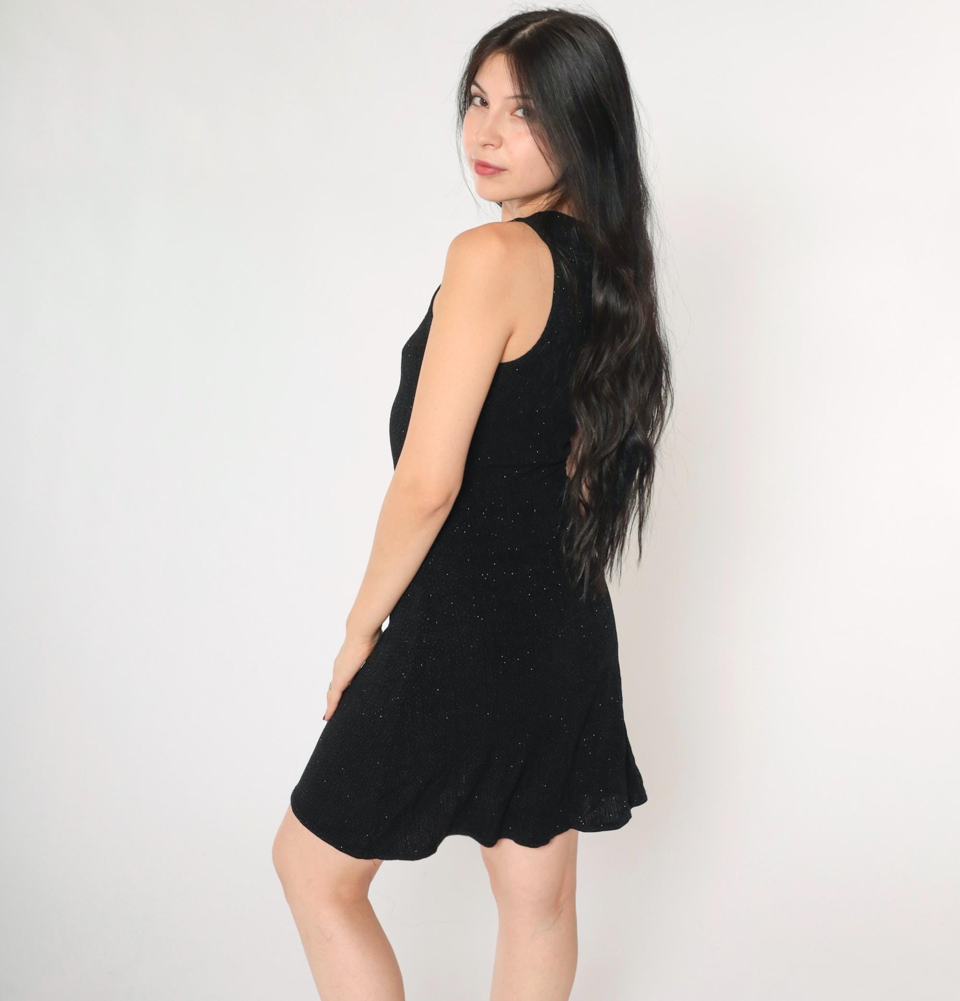 90s Black Metallic Sparkle Mini Bodycon Dress Sleeveless Small