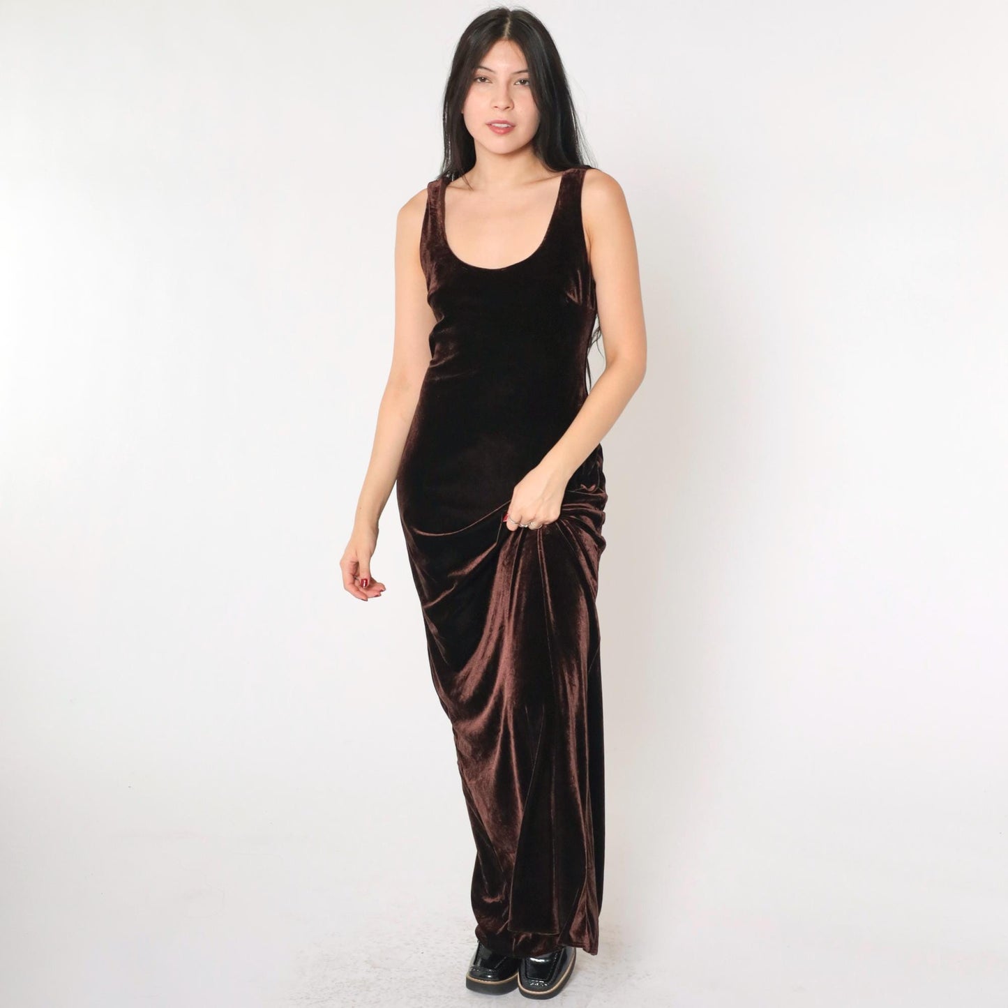 90s Niki Livas Brown Velvet Maxi Dress Keyhole Back Sleeveless Medium