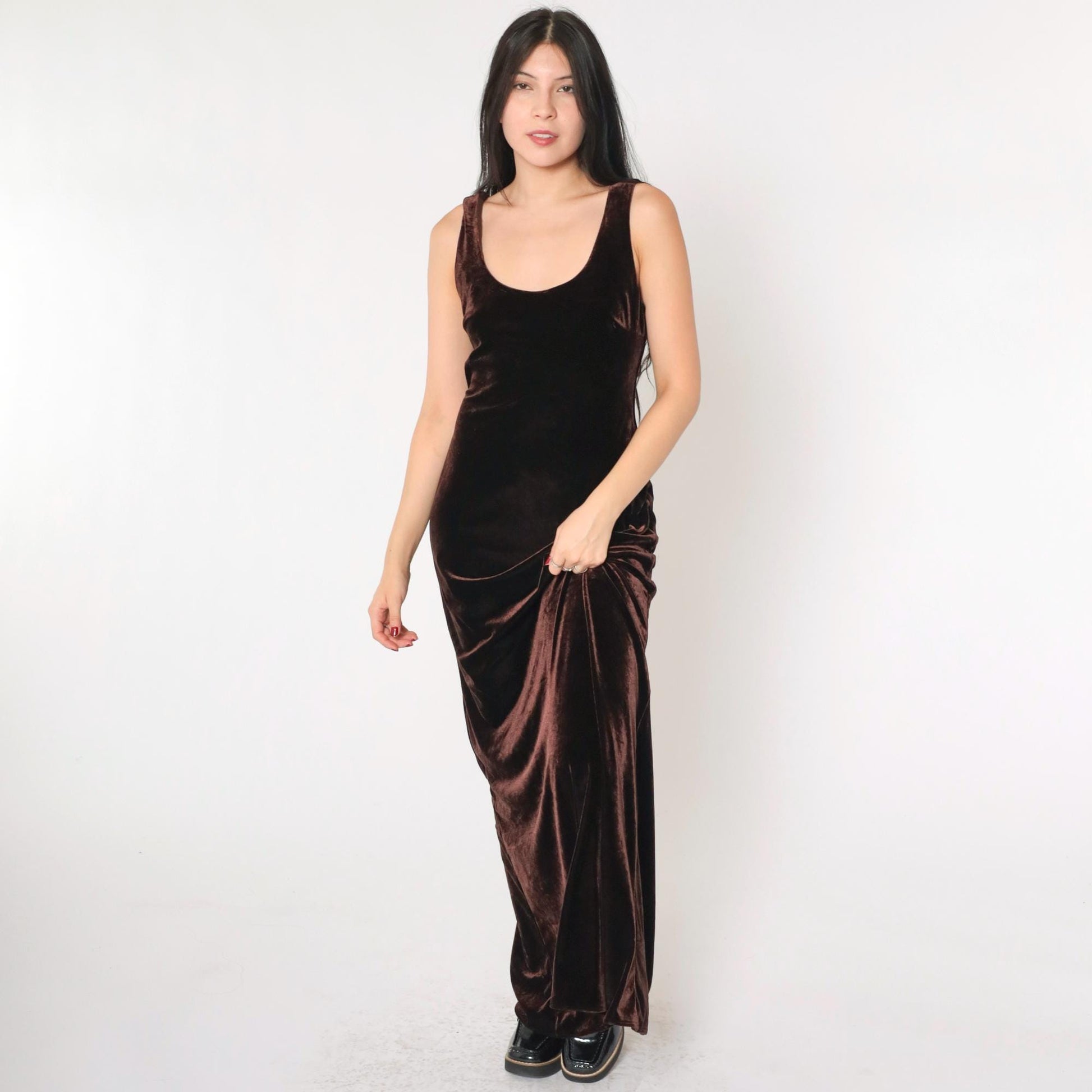 90s Niki Livas Brown Velvet Maxi Dress Keyhole Back Sleeveless Medium