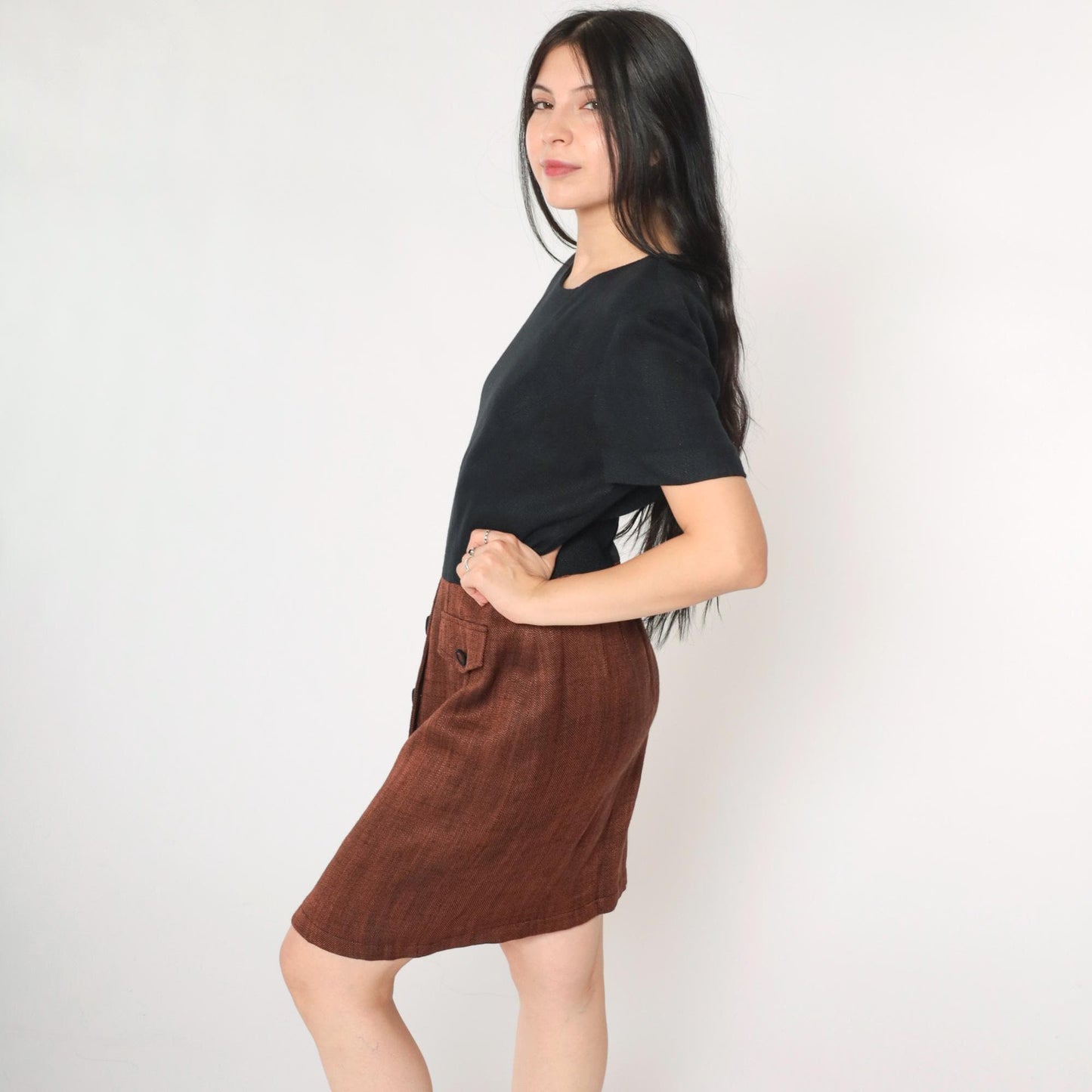 90s Maggy London Black Mini Dress Burnt Orange Button Skirt Medium