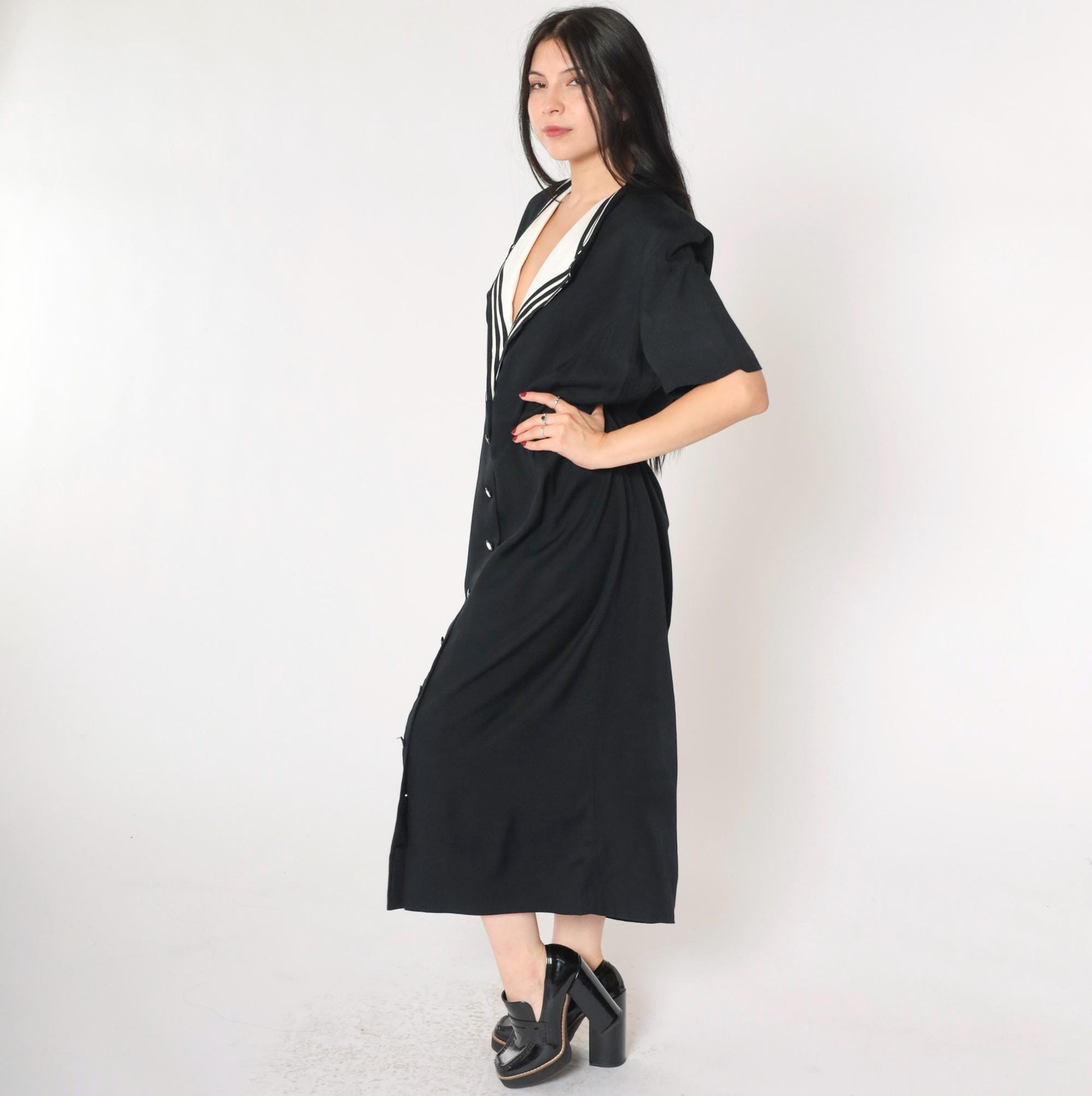 90s Black Maxi Dress White Collar Button-Up Short Sleeve Shift Large