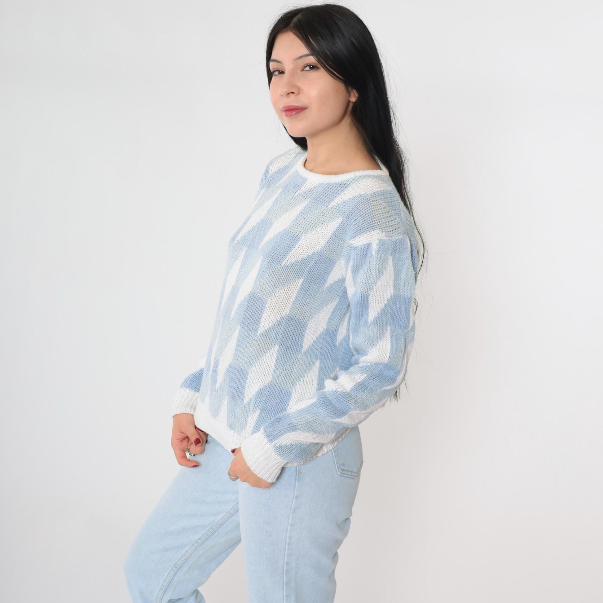 80s JH Collectibles Geometric Knit Sweater Light Blue White Crew Neck Small