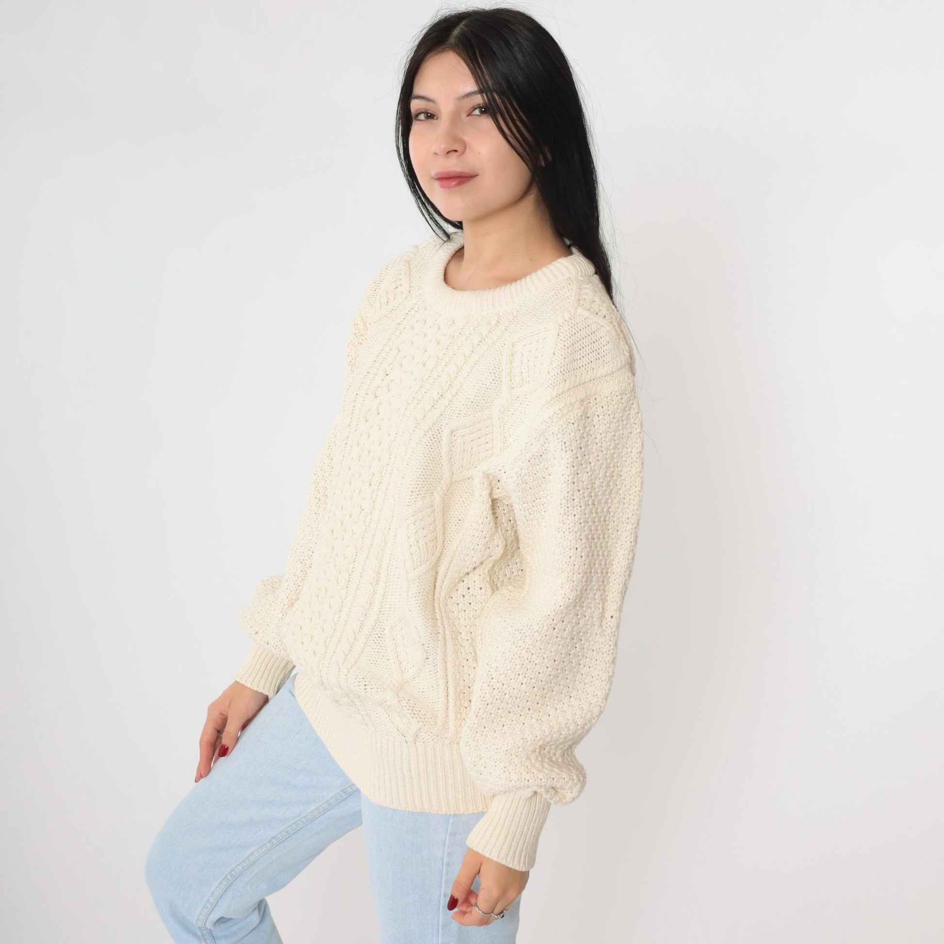 90s American Eagle Outfitters Cable Knit Sweater Cream Diamond Crewneck Extra Large