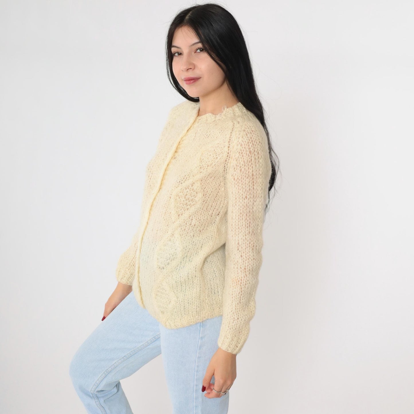 70s Cream Cable Knit Cardigan Wool Button-Up Sweater Small