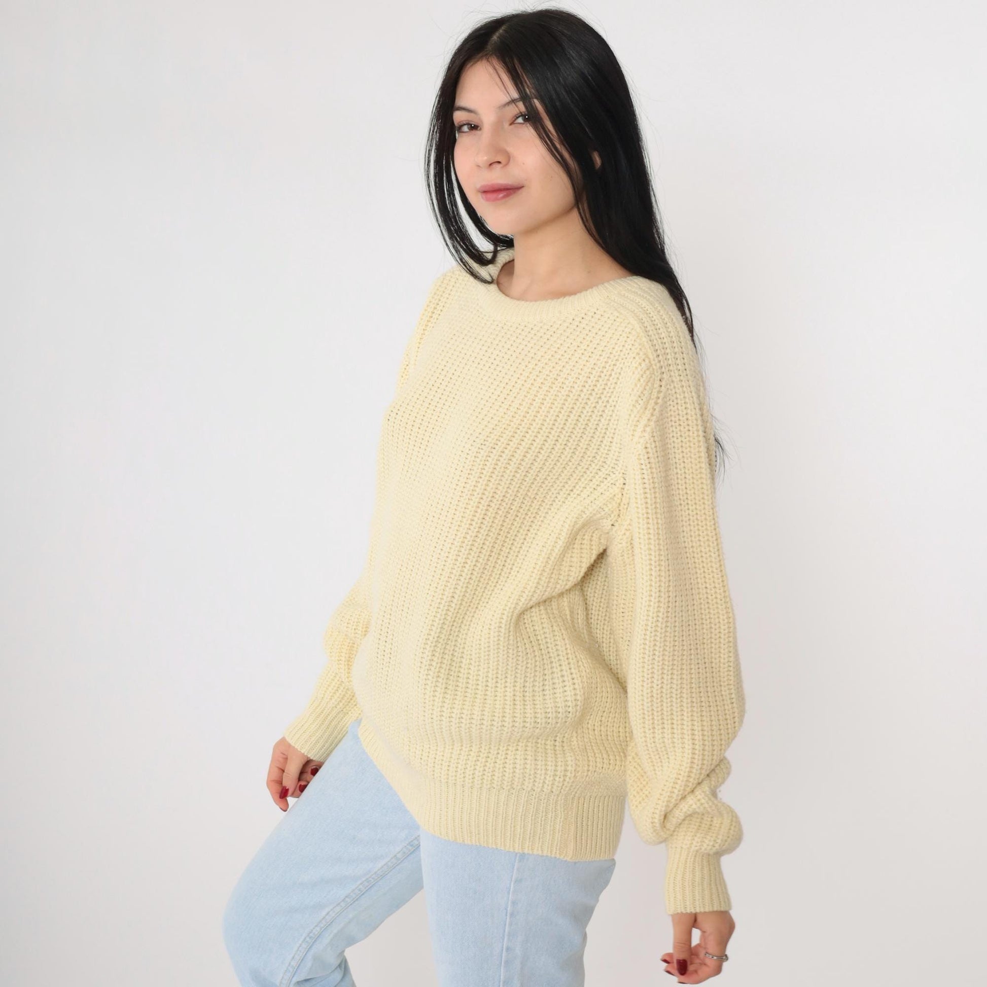 80s Cream Textured Knit Raglan Sweater Crewneck Pullover Medium Large