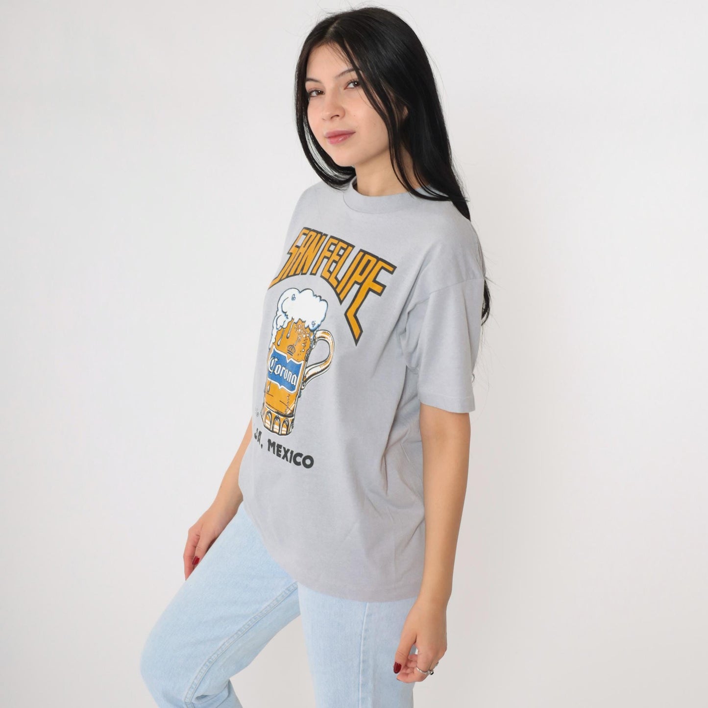 90s San Felipe Mexico Beer Graphic T-Shirt Grey Single Stitch Medium