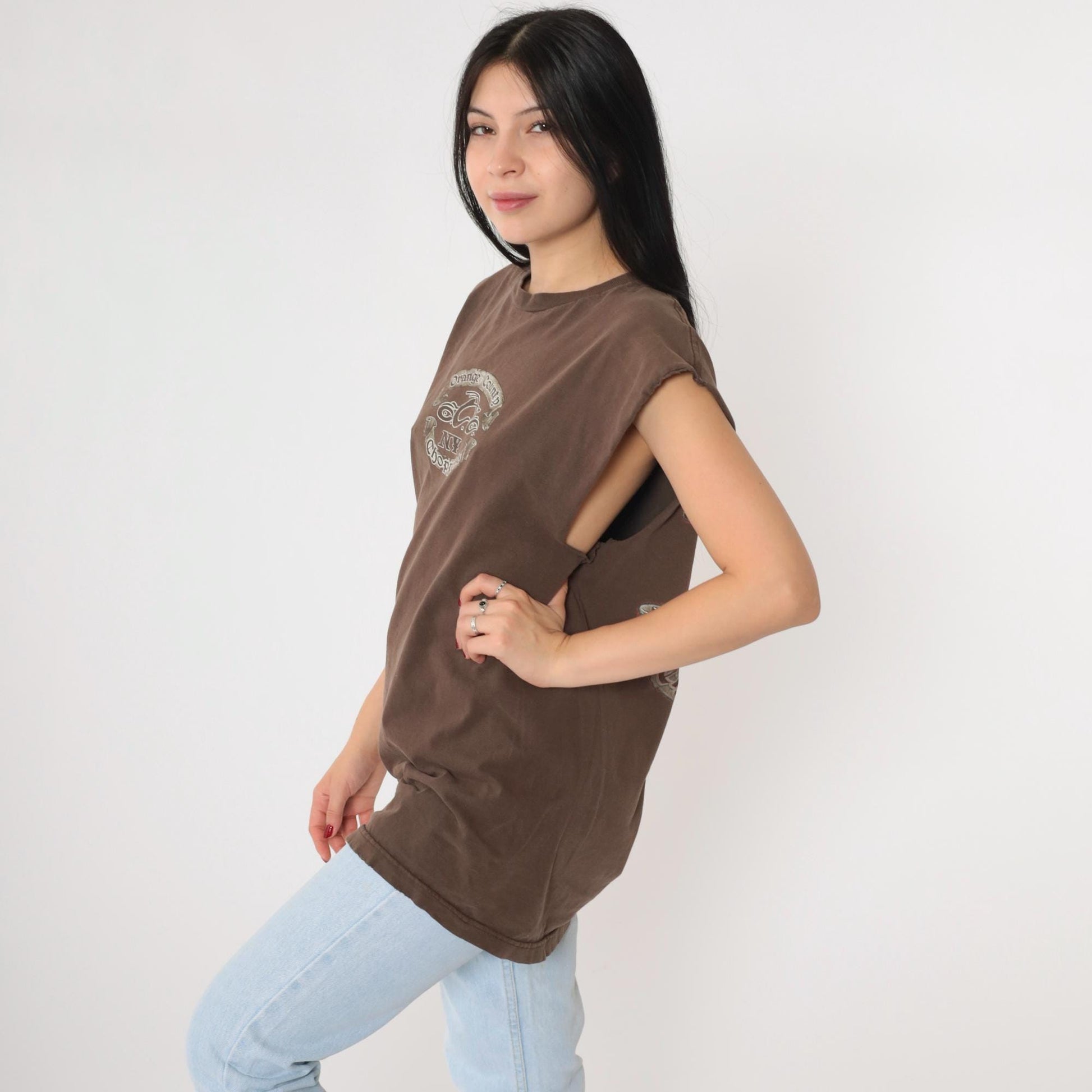 Y2K Orange County Choppers Bulldog Graphic Tank Top Brown Cotton Medium