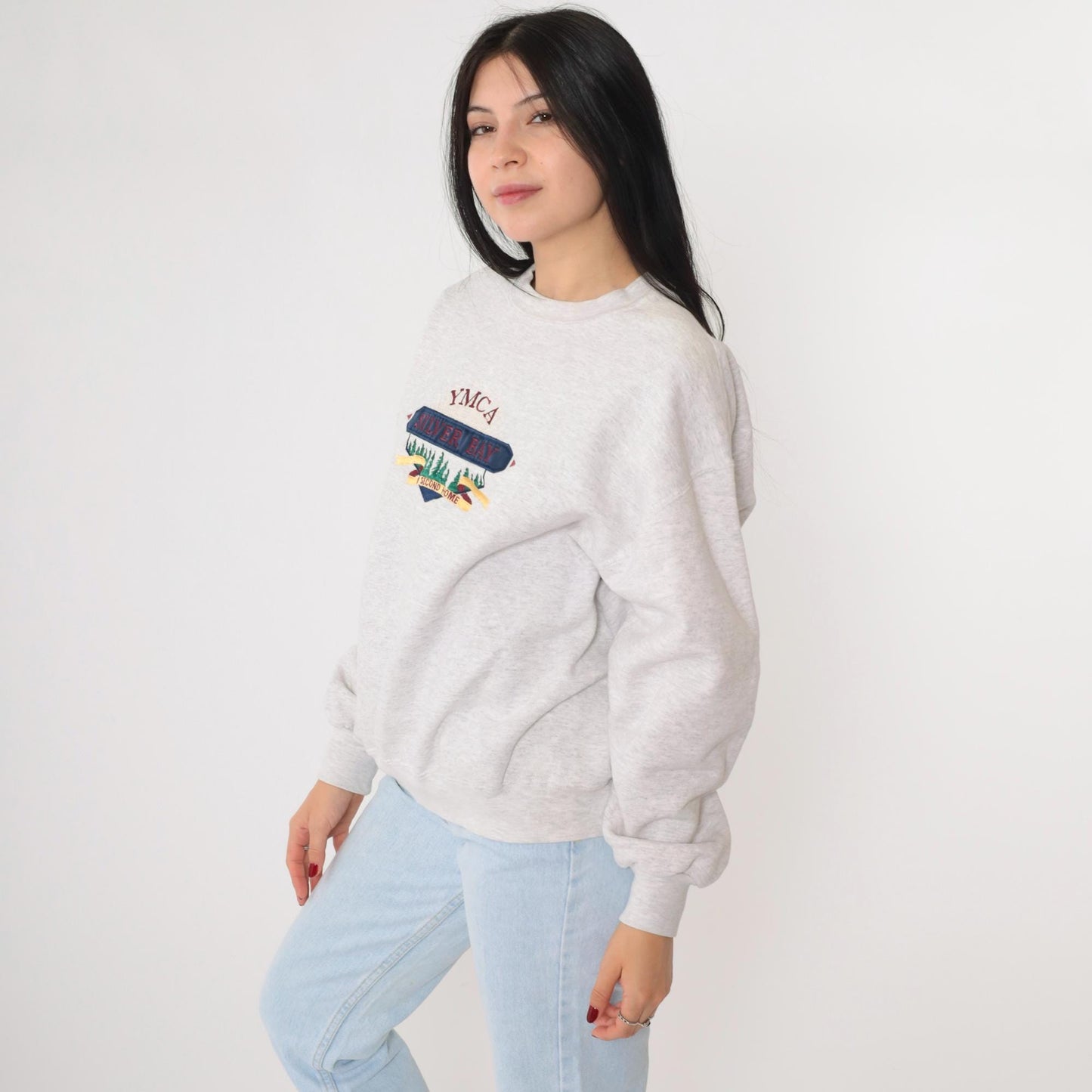 90s YMCA Silver Bay Lake George Embroidered Sweatshirt Heather Grey Large