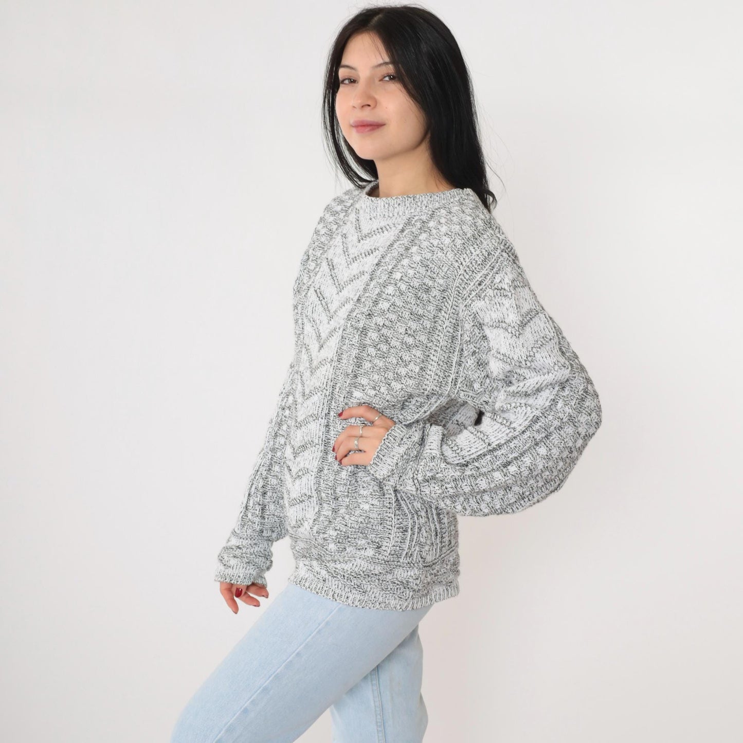 90s Grey Chevron Knit Pullover Sweater White Geometric Crewneck Small