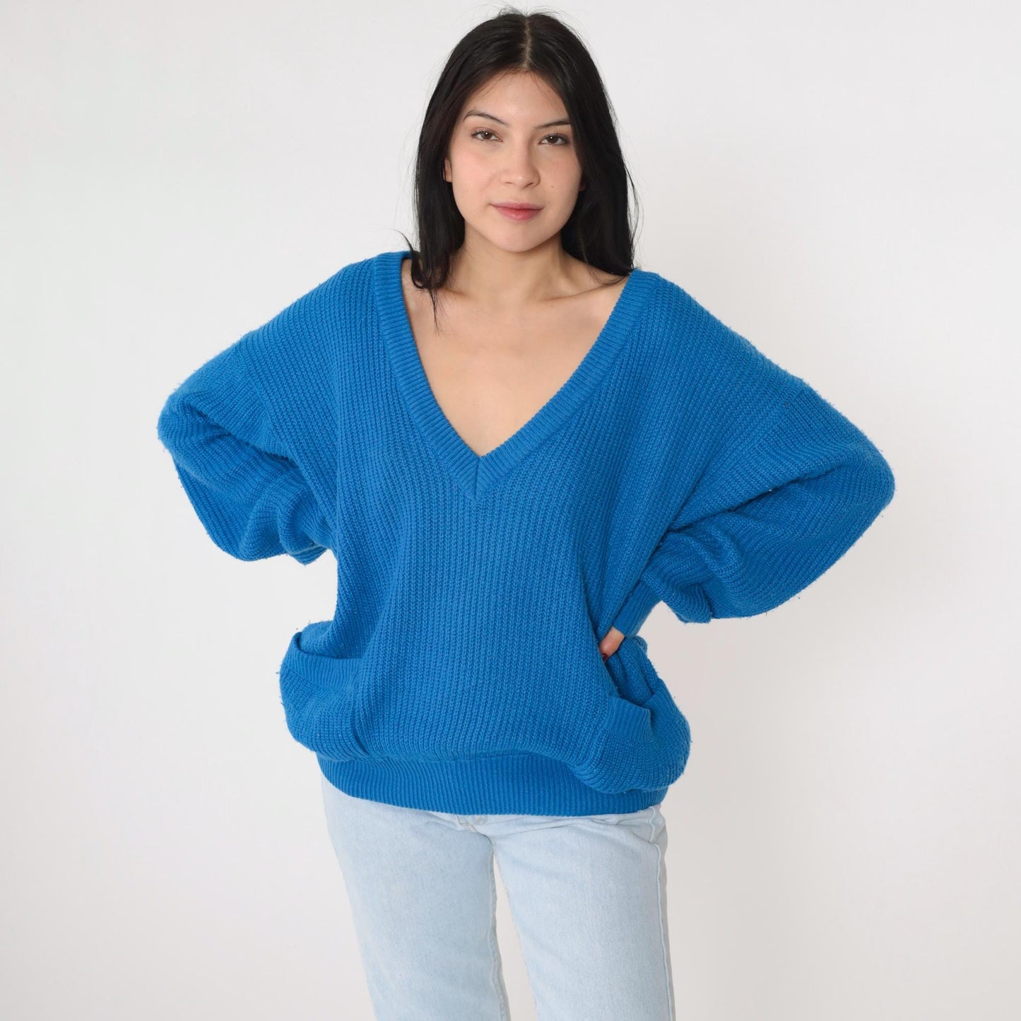 80s Buggi Electric Blue V-Neck Ribbed Knit Sweater Pockets Large