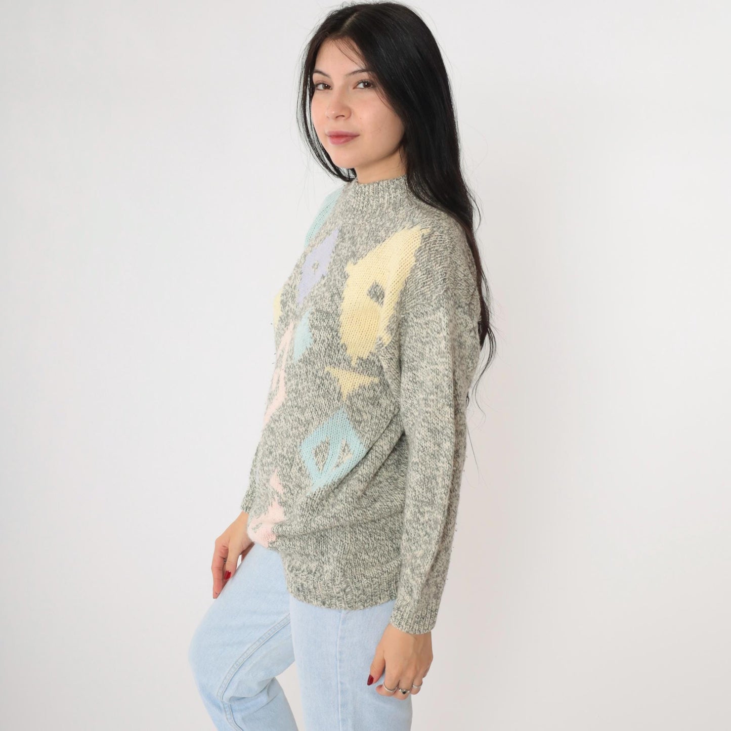 80s Geometric Mock Neck Sweater Grey Pink Lavender Diamond Knit Medium