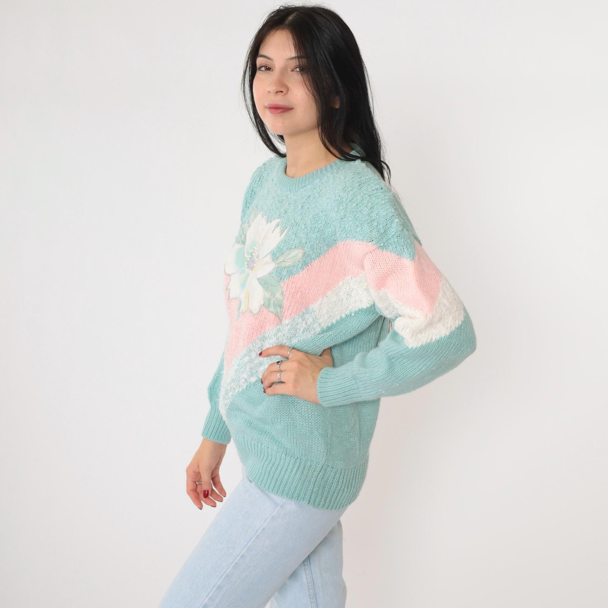 80s Jacelyn Smith Seafoam Knit Sweater Pearl Beaded Floral Chevron Medium