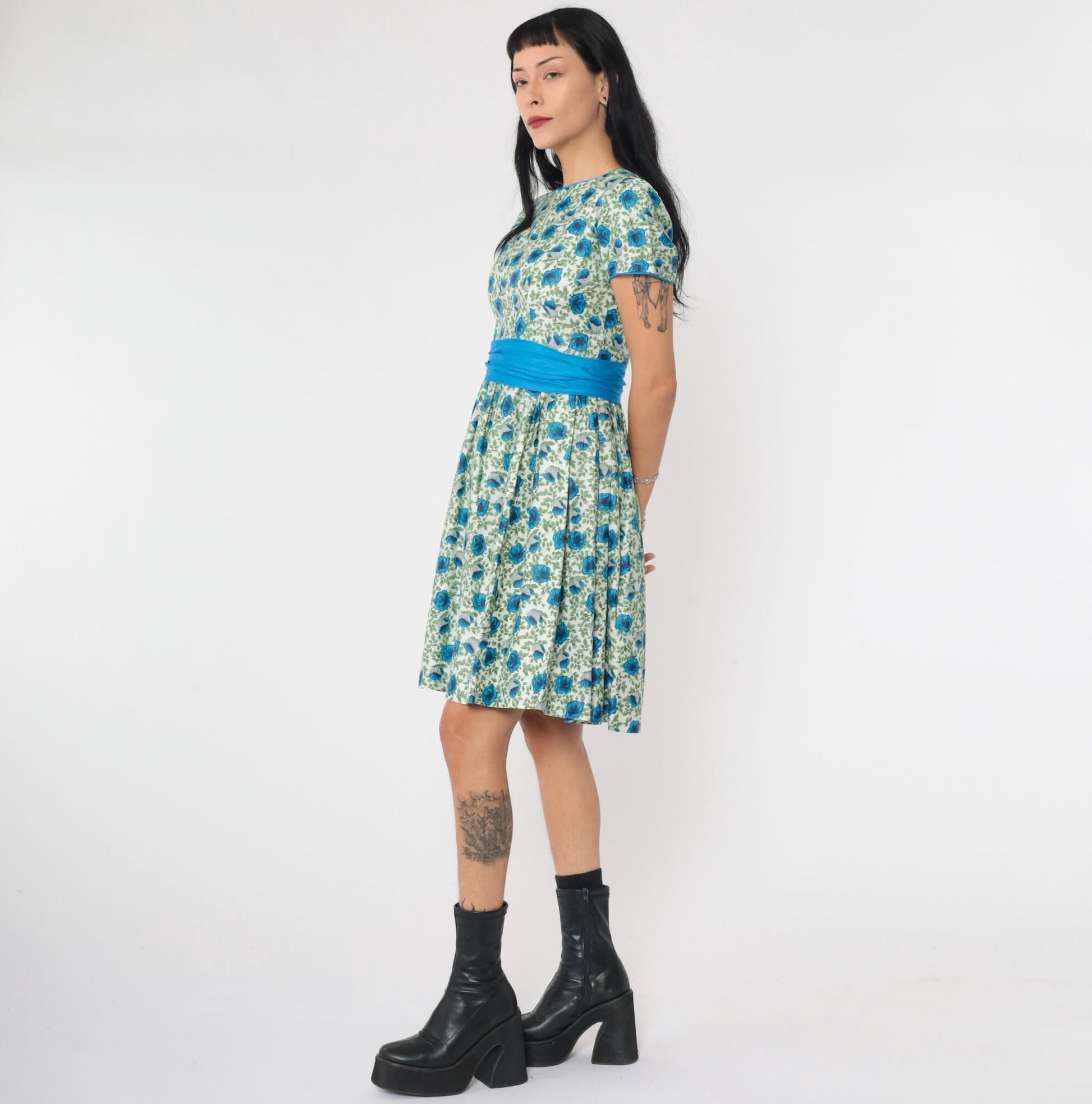 1960s Floral Dress Blue Green Mini High Waist Short Sleeve Small