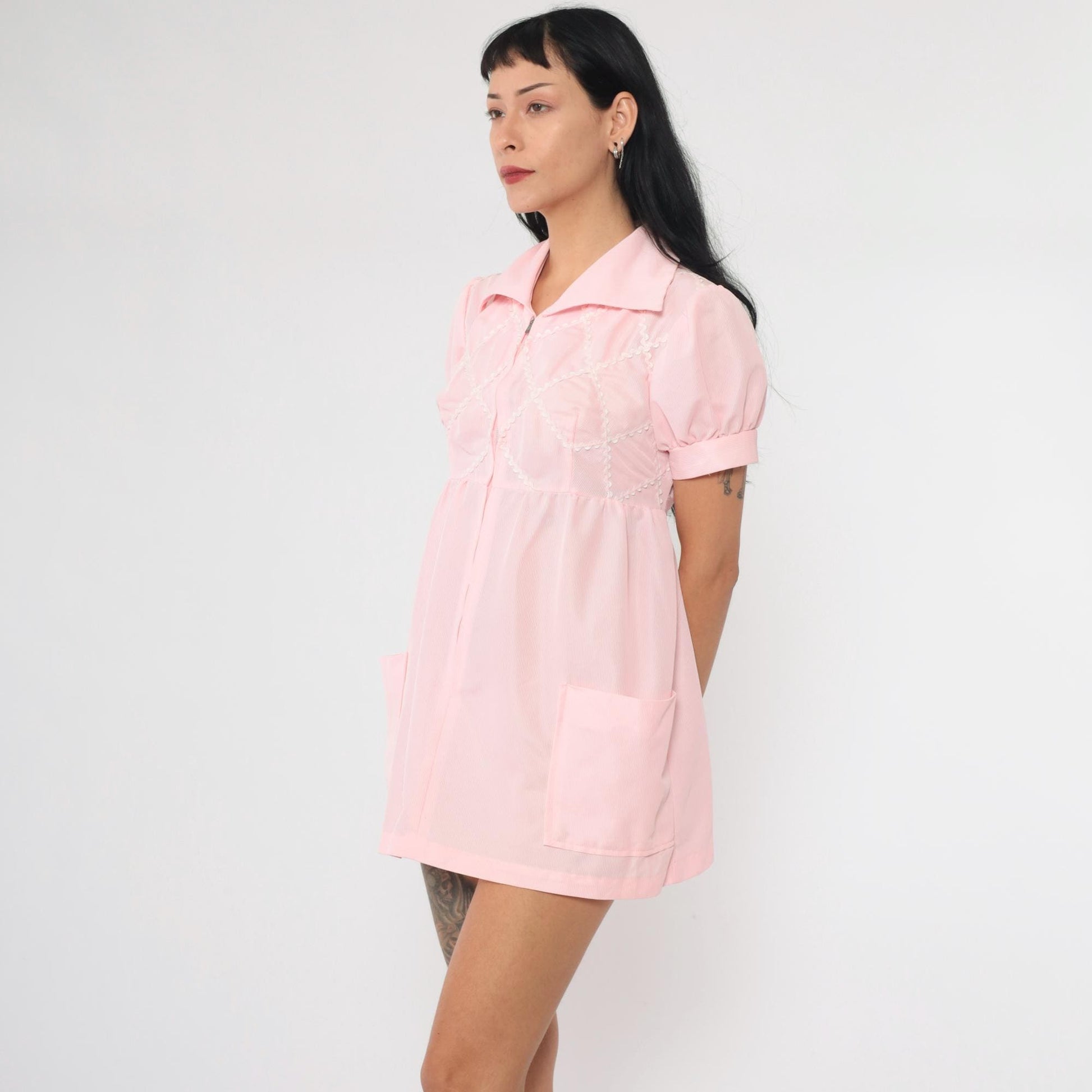 70s Baby Pink Babydoll Dress Puff Sleeve Empire Waist Micro Mini Extra Small