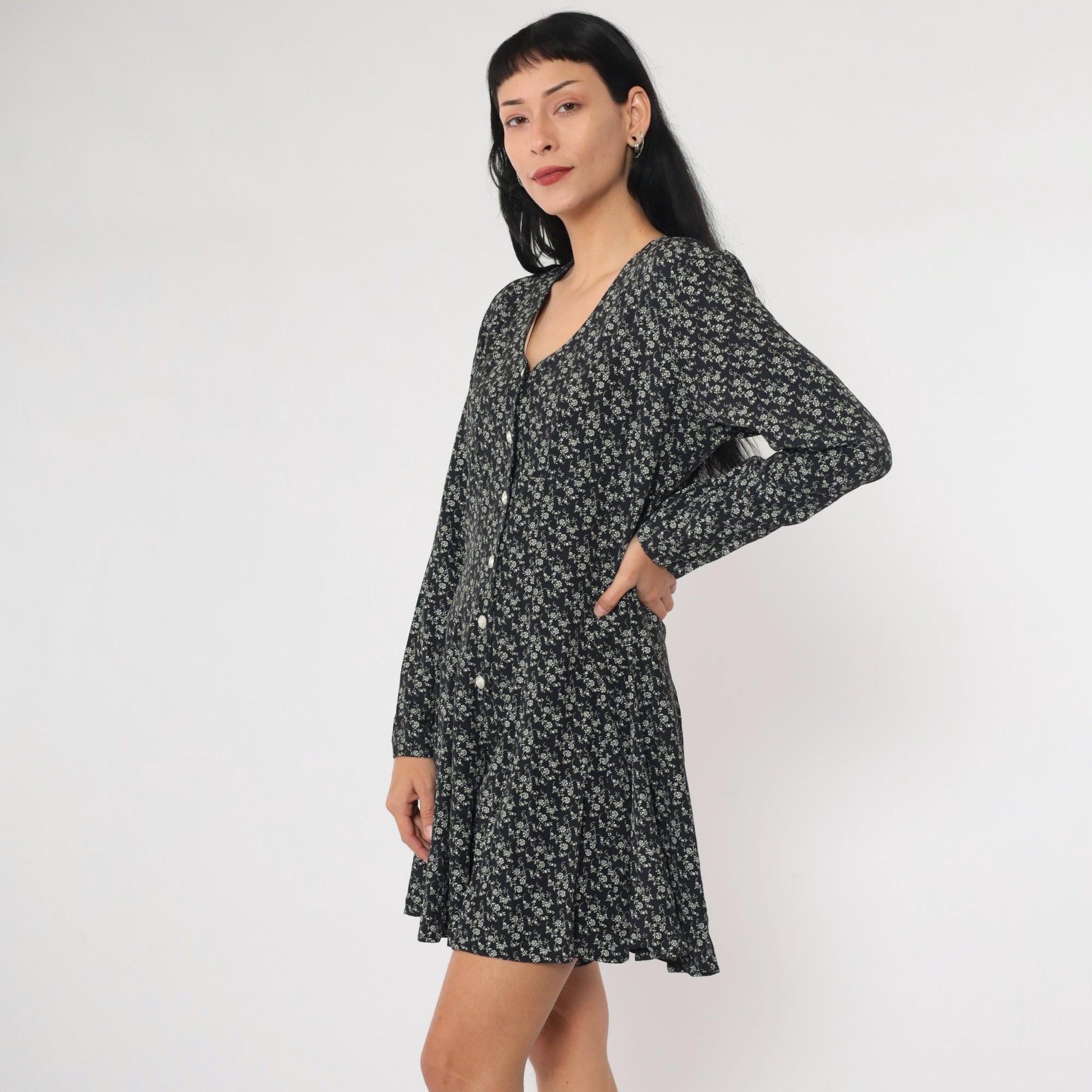 90s Floral Button-Up Romper Black White Long Sleeve Wide Leg Small Medium
