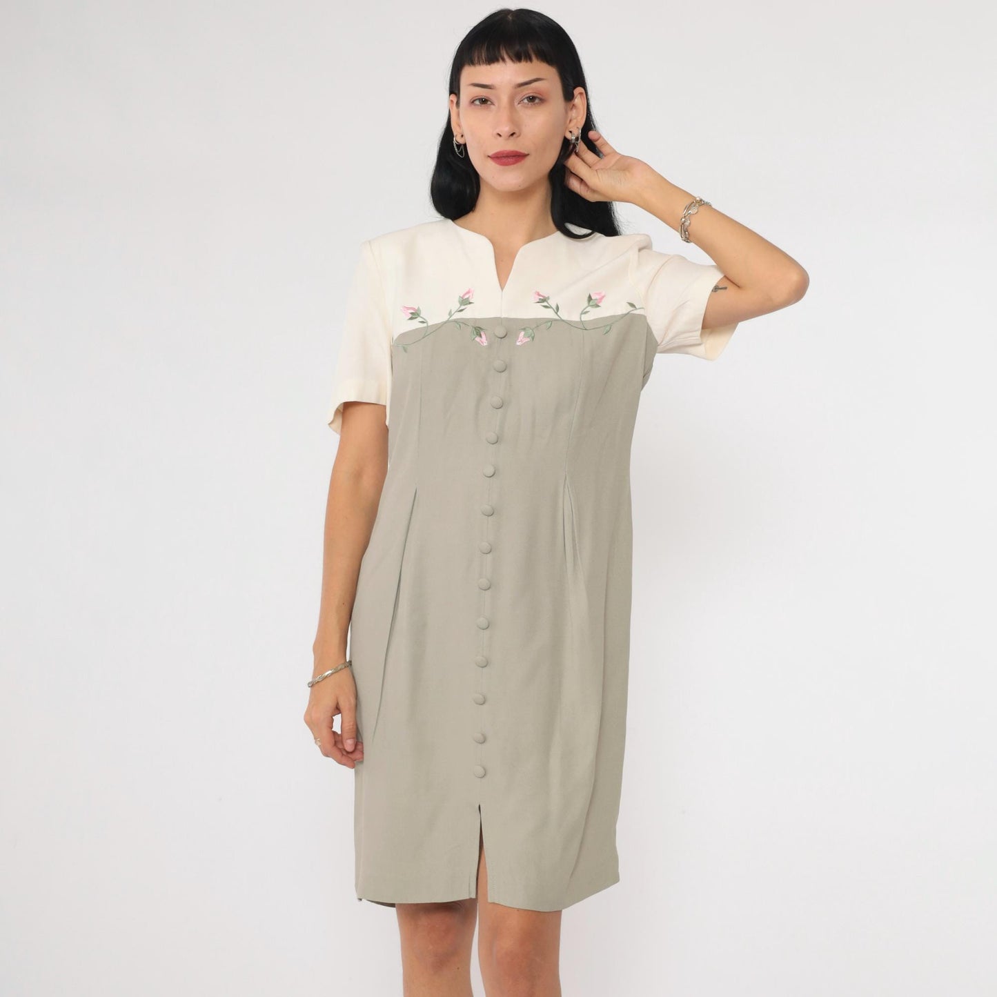 90s S.L. Fashion Petites Sage Floral Embroidered Mini Shirtdress Small
