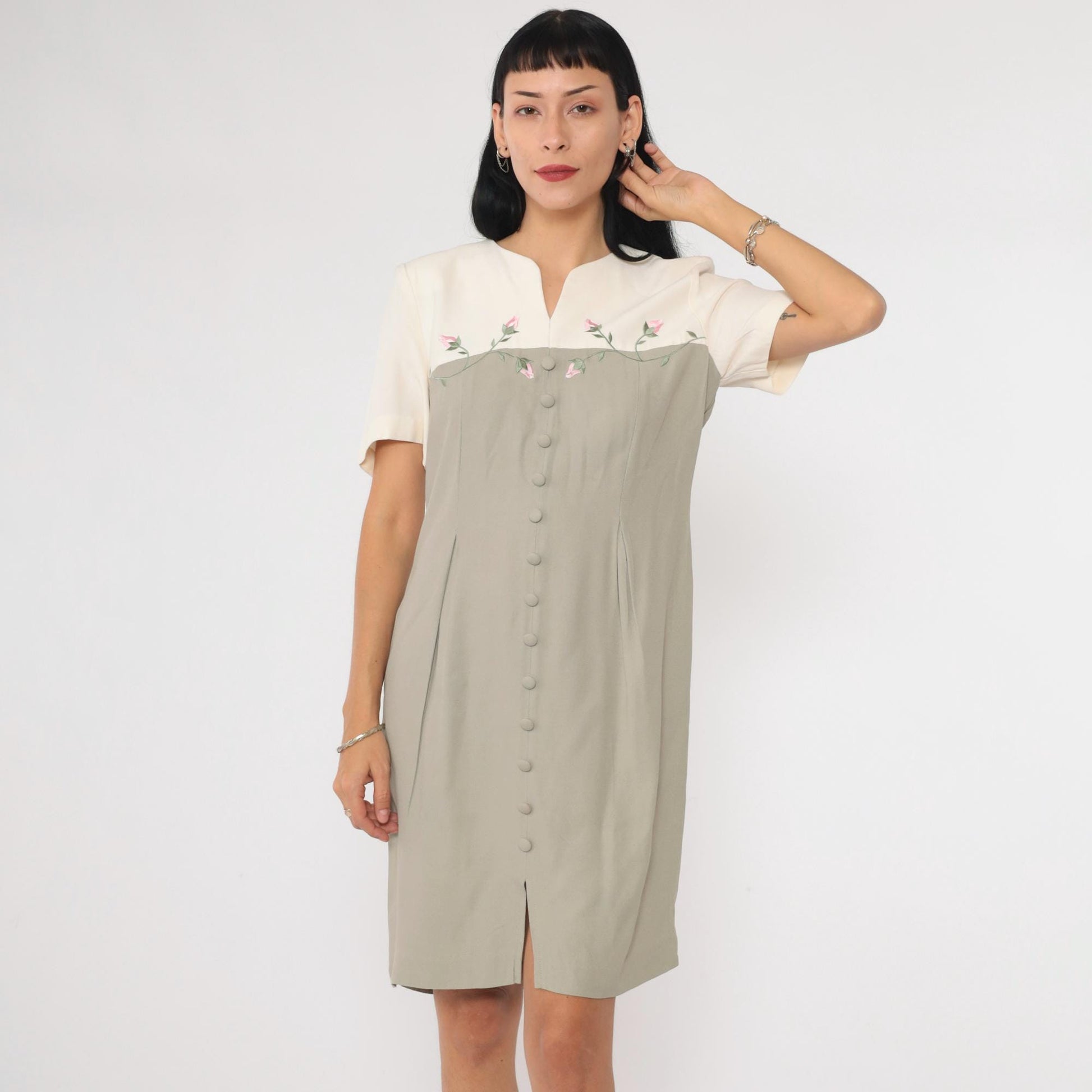90s S.L. Fashion Petites Sage Floral Embroidered Mini Shirtdress Small