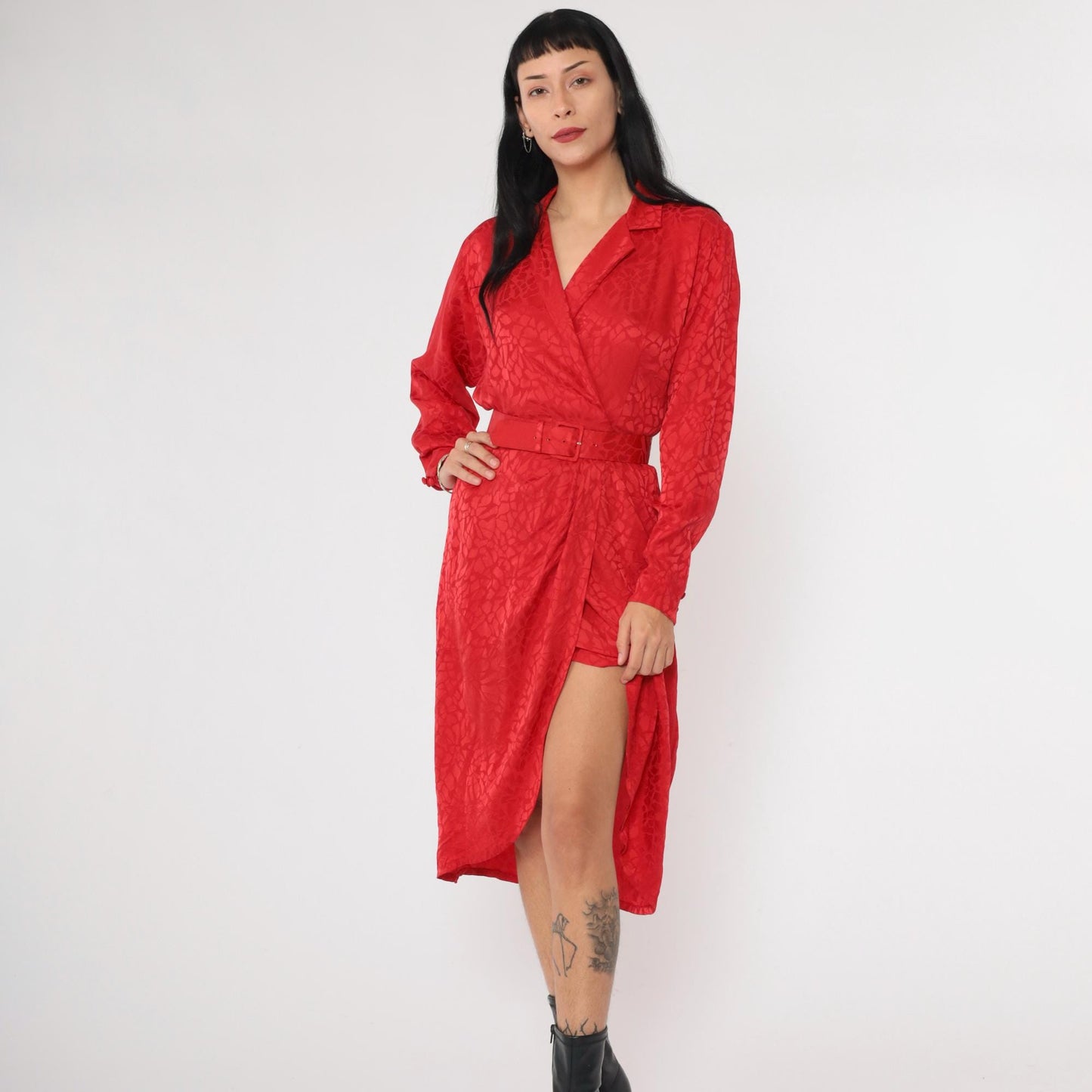 90s Liz Claiborne Red Silk Wrap Dress Embossed Mosaic V Neck Midi Extra Small XS