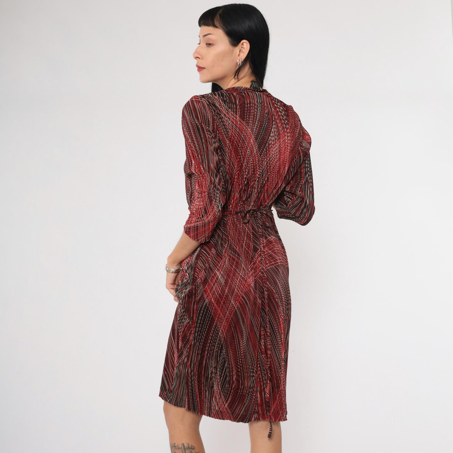 90s Teddi Dresses Striped Faux Wrap Minidress Red Black White V Neck Medium