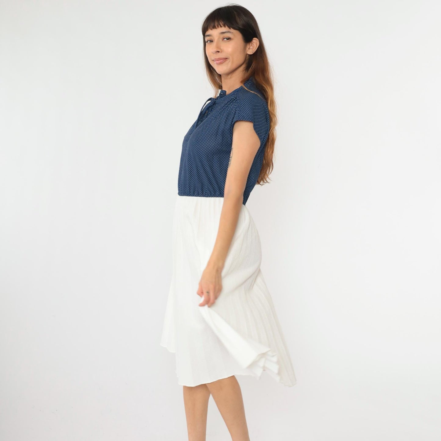 70s Polka Dot Midi Dress Blue White Keyhole Tie Neck High Waisted Medium