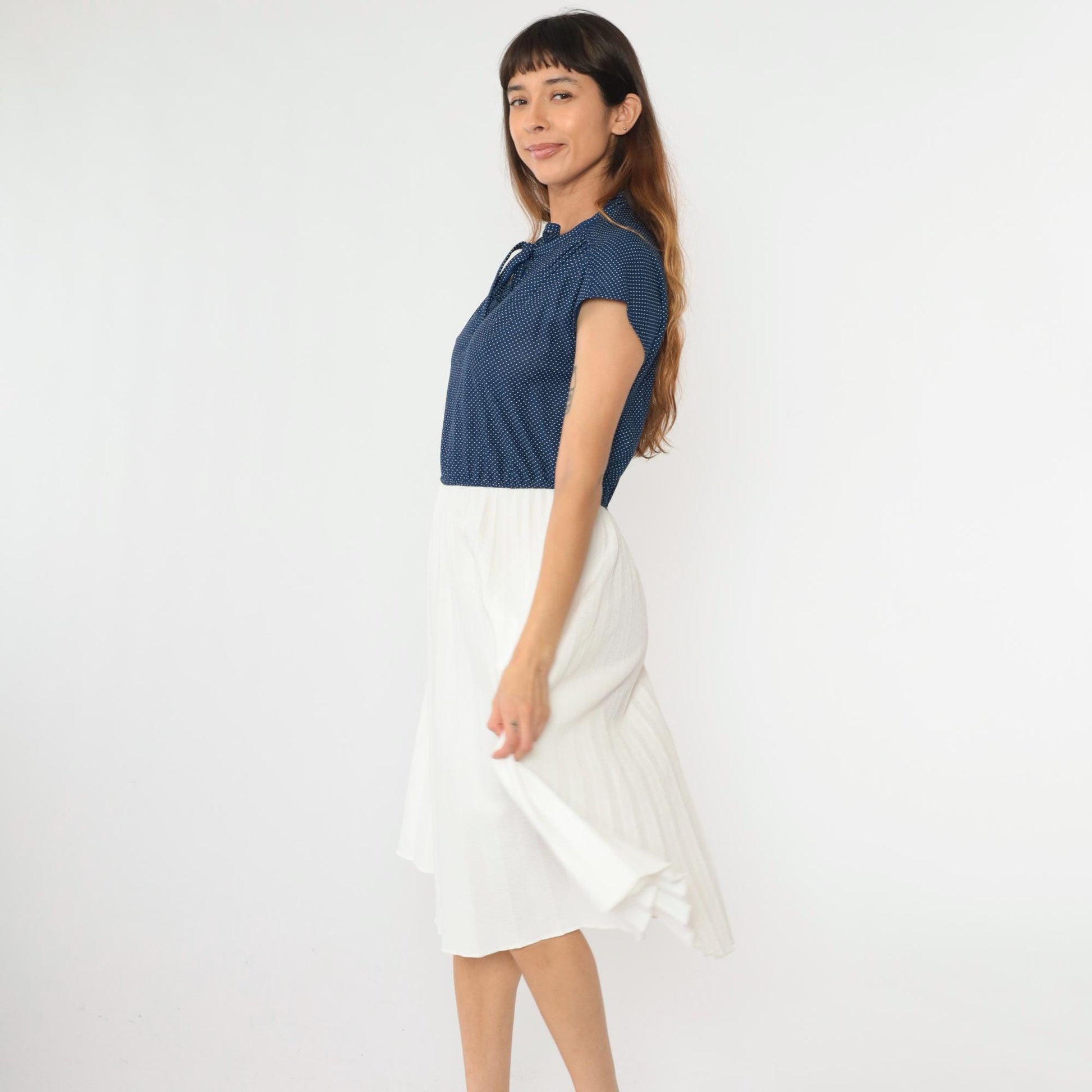 70s Polka Dot Midi Dress Blue White Keyhole Tie Neck High Waisted Medium