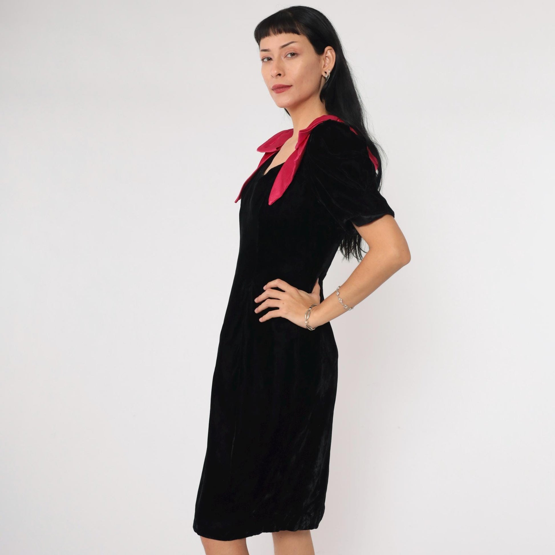 80s Black Velvet Mini Dress Puff Sleeve Fuchsia Bow Sheath Small 4