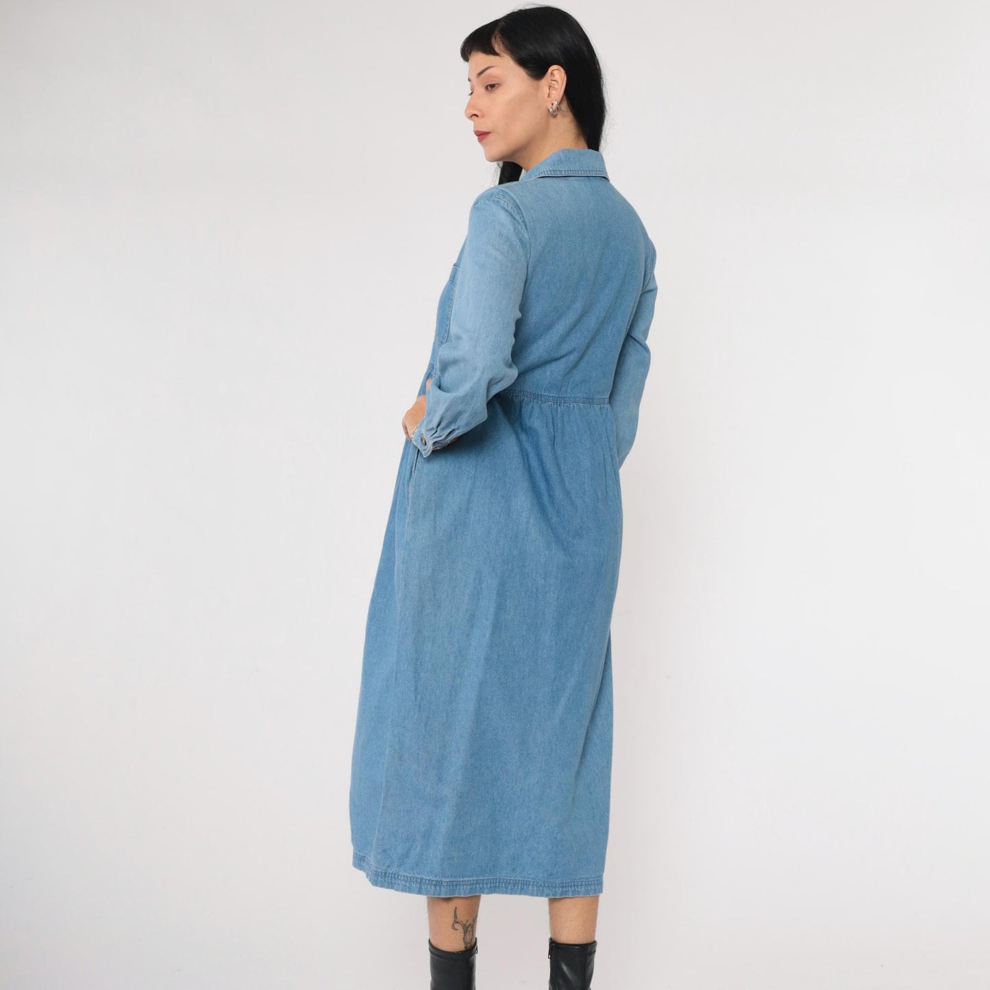 90s J.G. Hook Denim Midi Shirtdress Blue High-Waisted Button-Up Small Petite