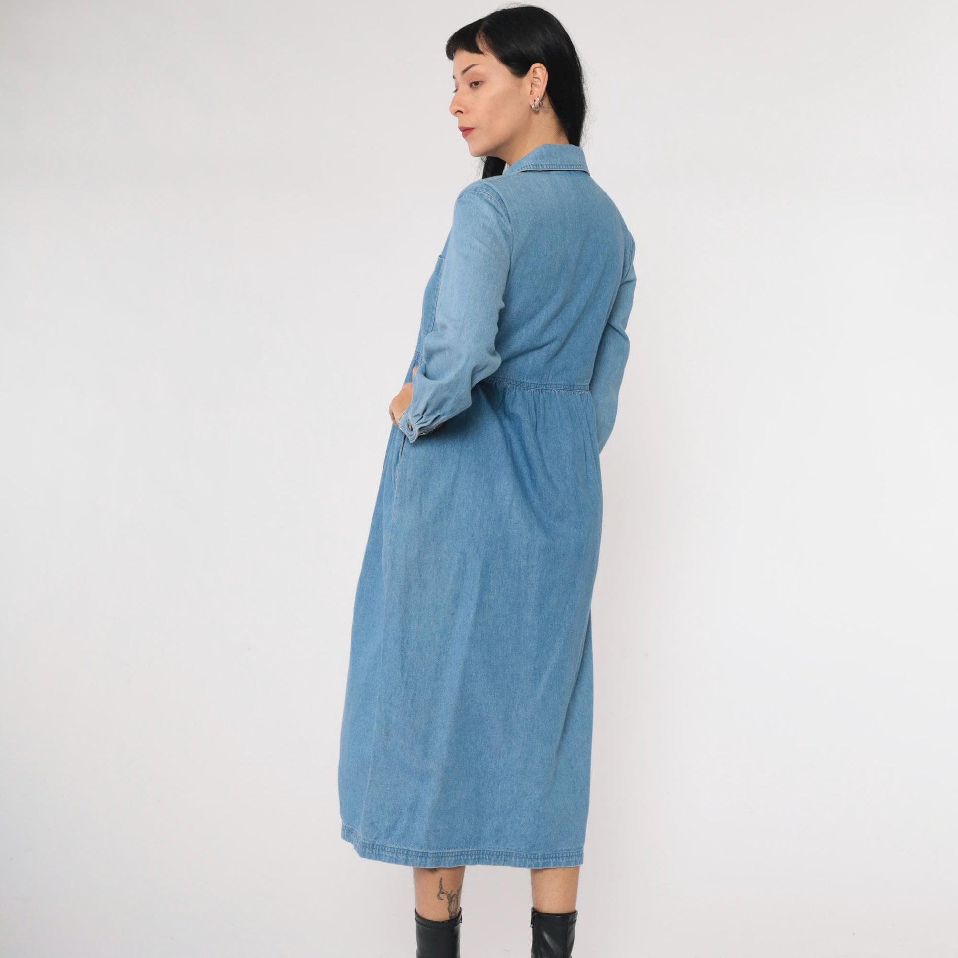 90s J.G. Hook Denim Midi Shirtdress Blue High-Waisted Button-Up Small Petite