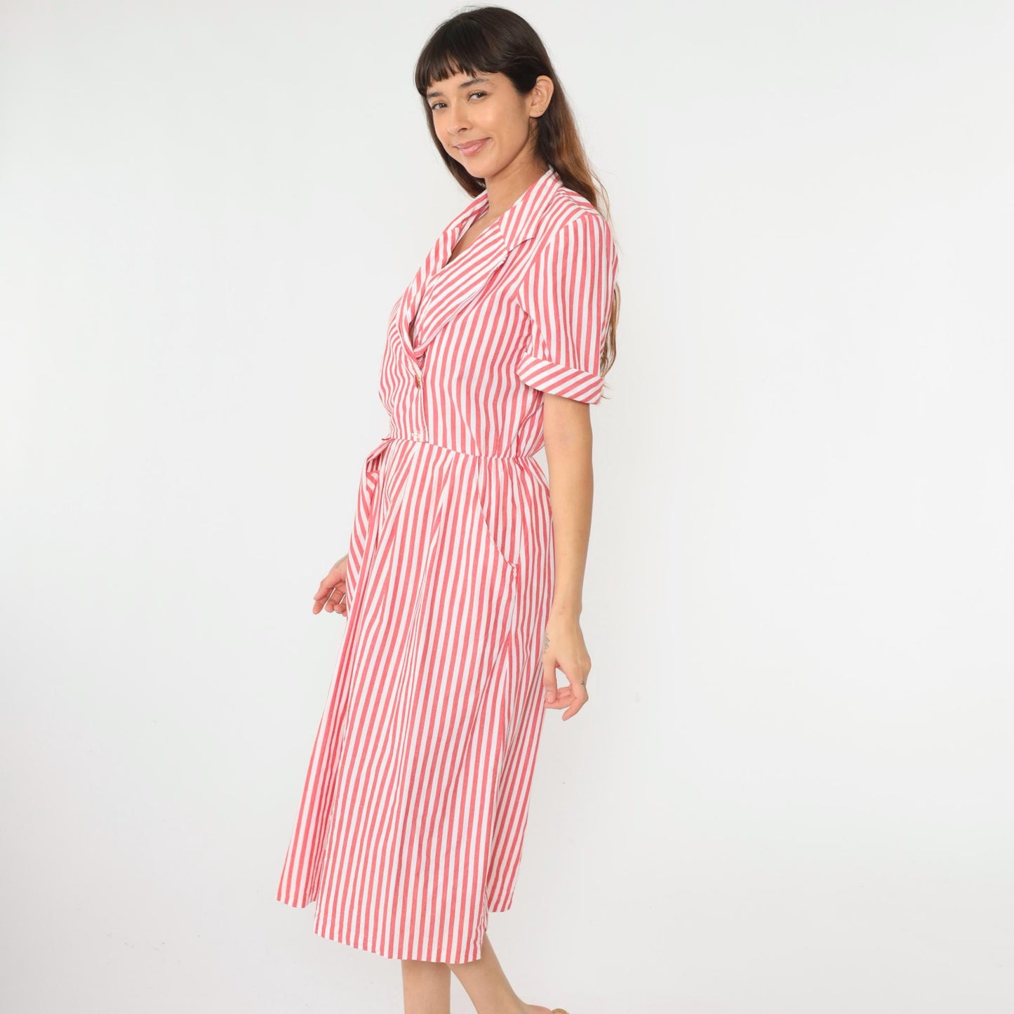 90s Red White Striped Cotton Midi Shirtdress Double Breasted High Waist Small Medium