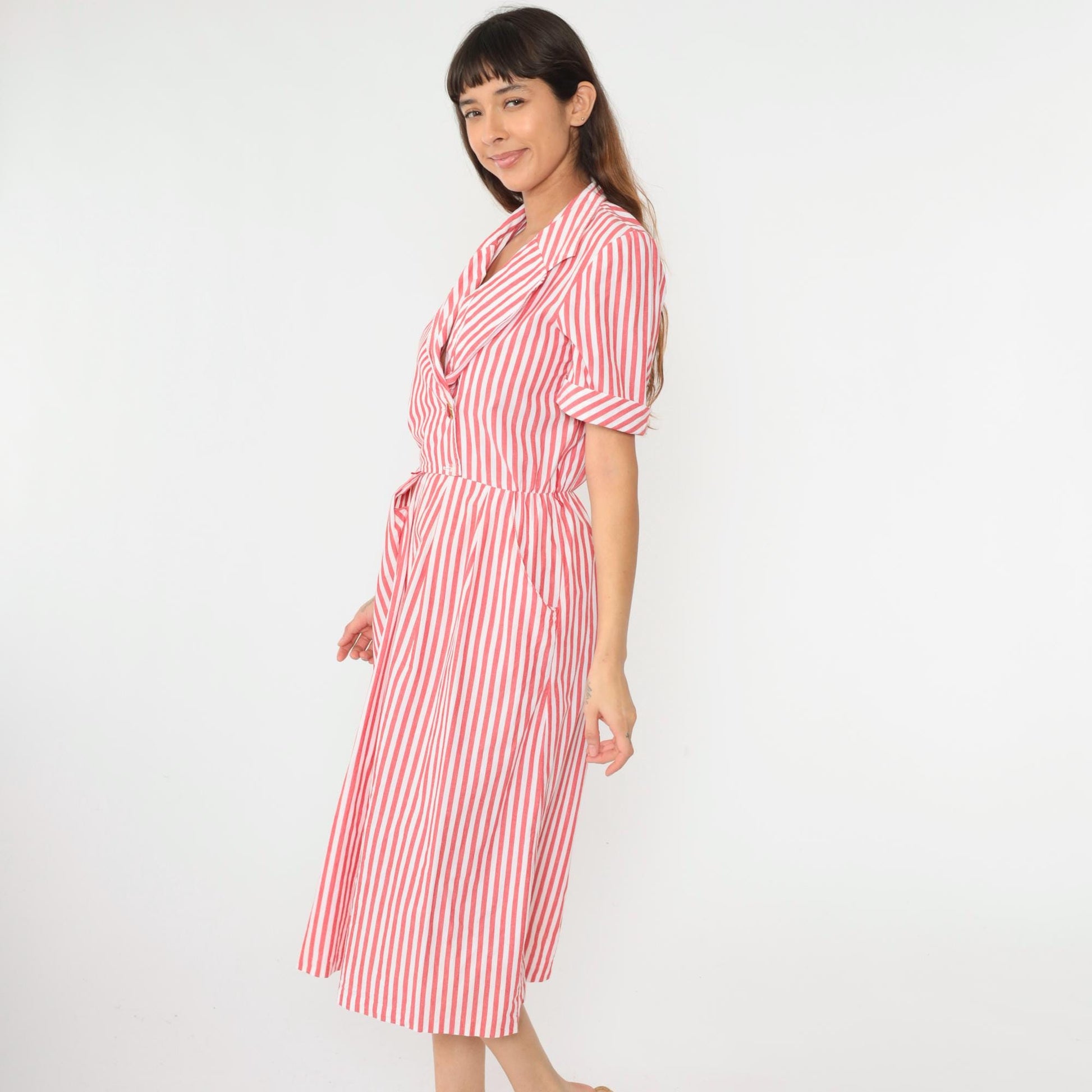 90s Red White Striped Cotton Midi Shirtdress Double Breasted High Waist Small Medium