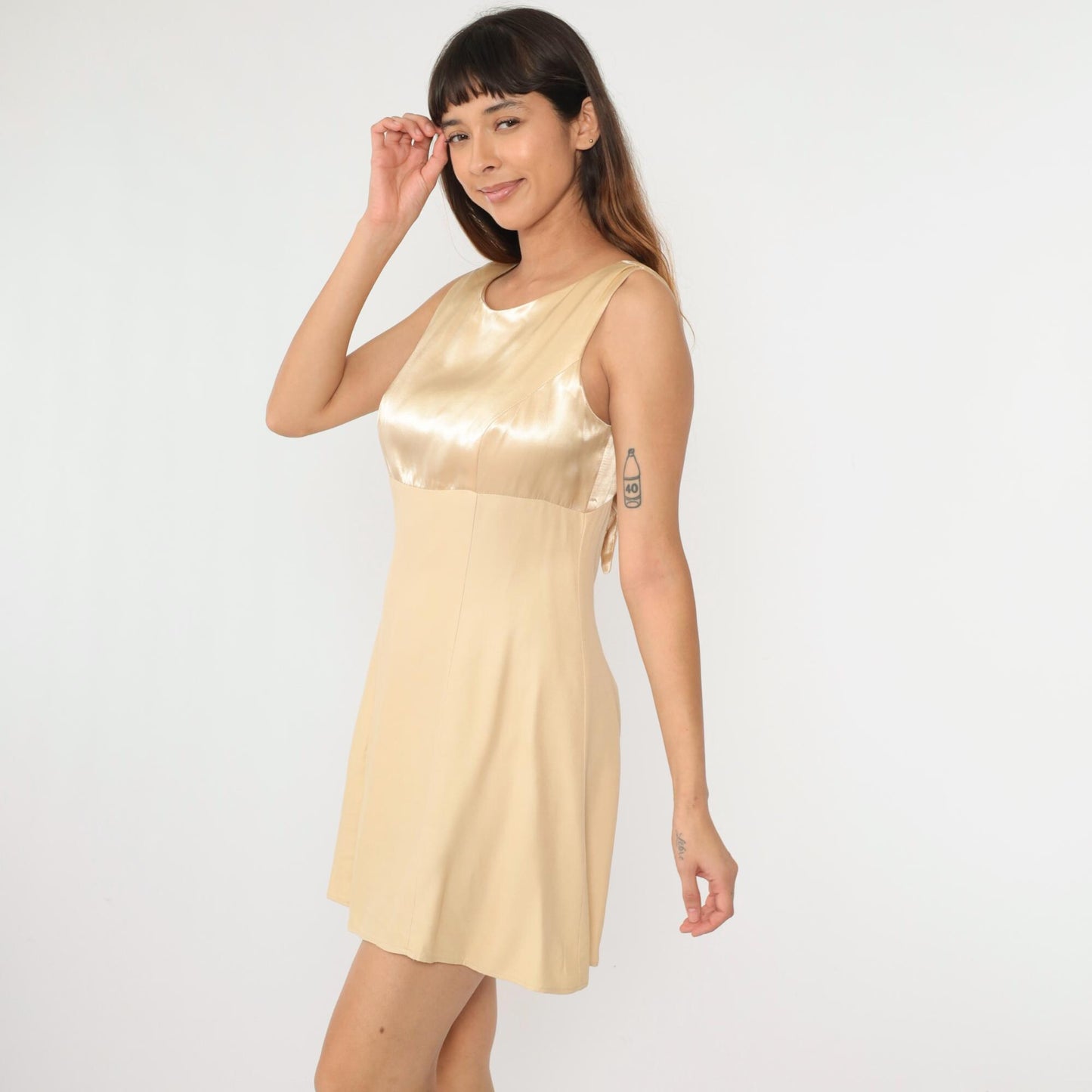 90s Champagne Satin Mini Dress Keyhole Back Bow Empire Waist Medium