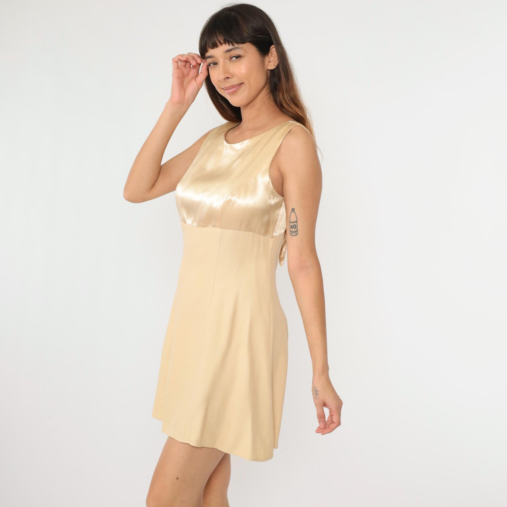 90s Champagne Satin Mini Dress Keyhole Back Bow Empire Waist Medium