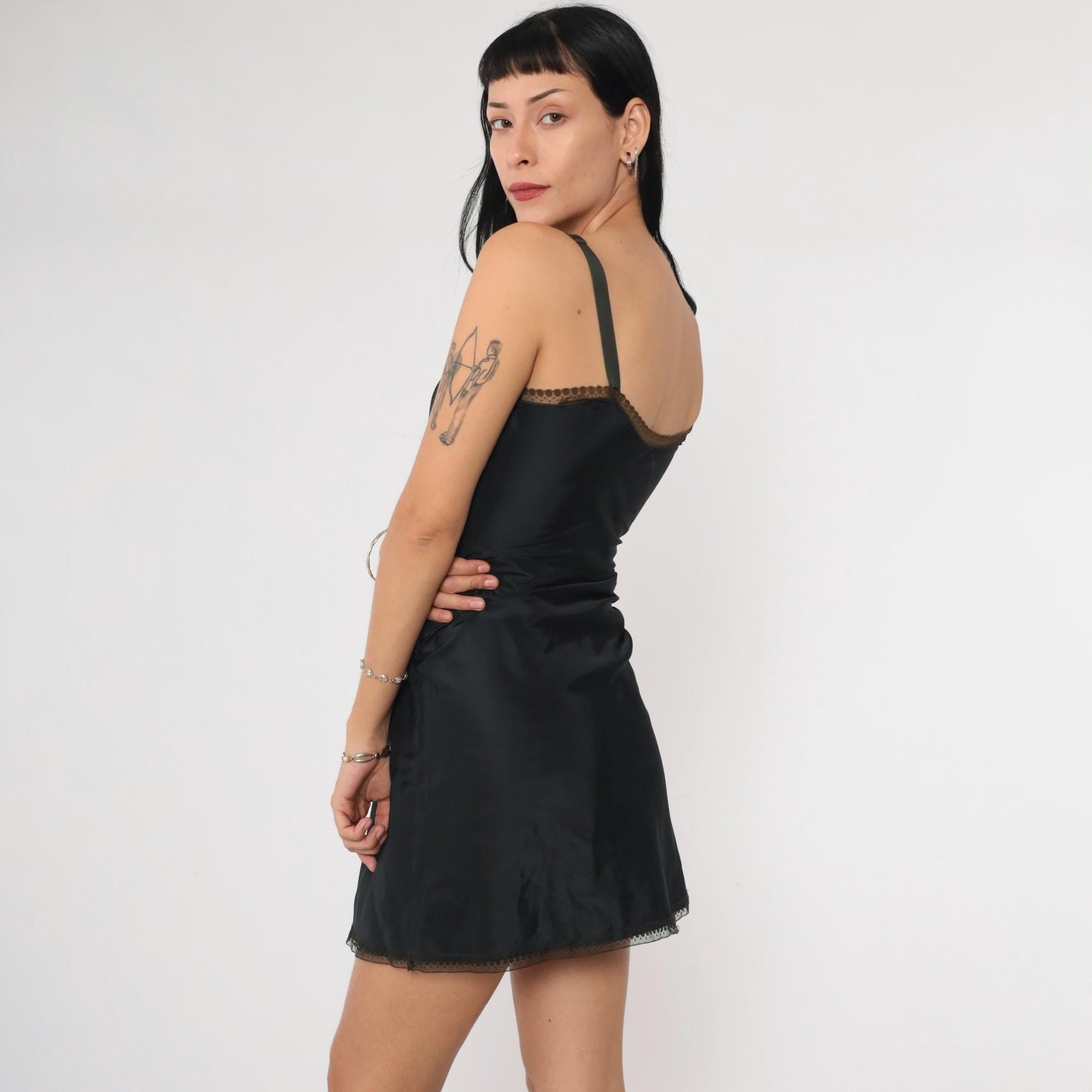 1950s Black Slip Dress Floral Embroidered Lace Trim Barbizon Extra Small