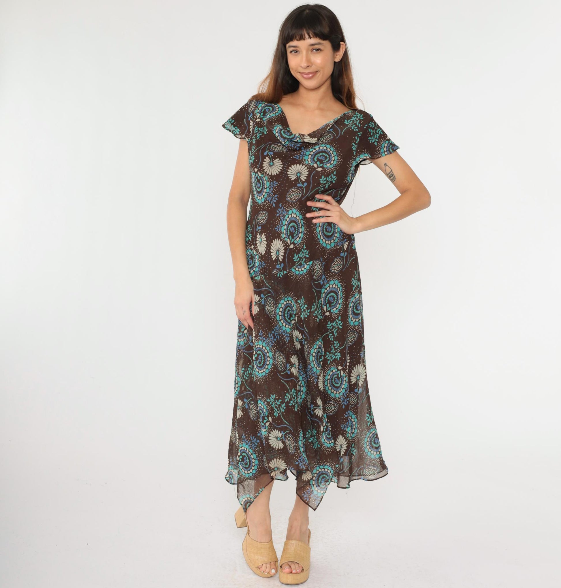 Y2K Brown Floral Midi Dress Asymmetrical Cowl Neck Flutter Sleeve Drop Waist Large 14