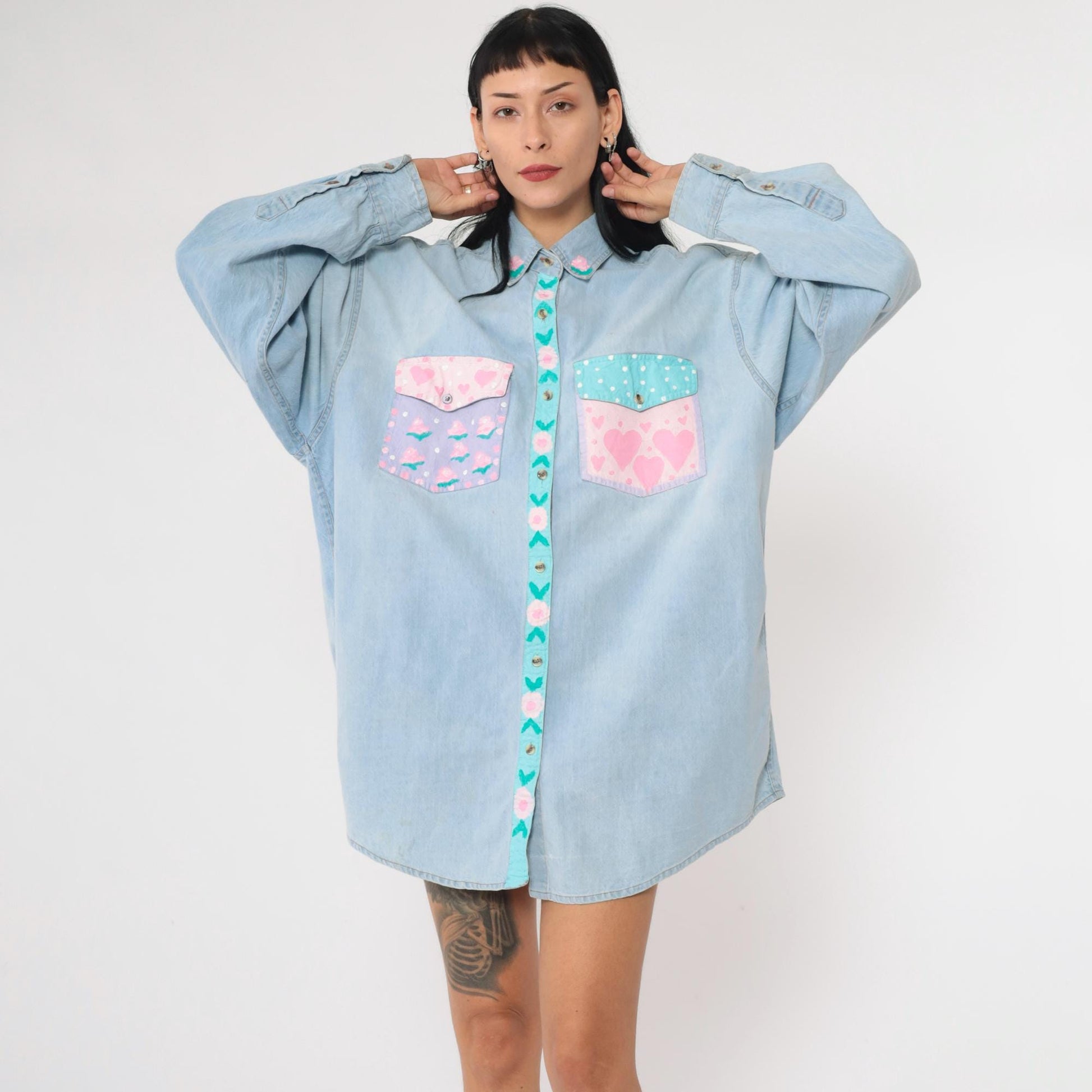 90s Hand Painted Floral Denim Button Up Shirt Blue Plus Size XXL