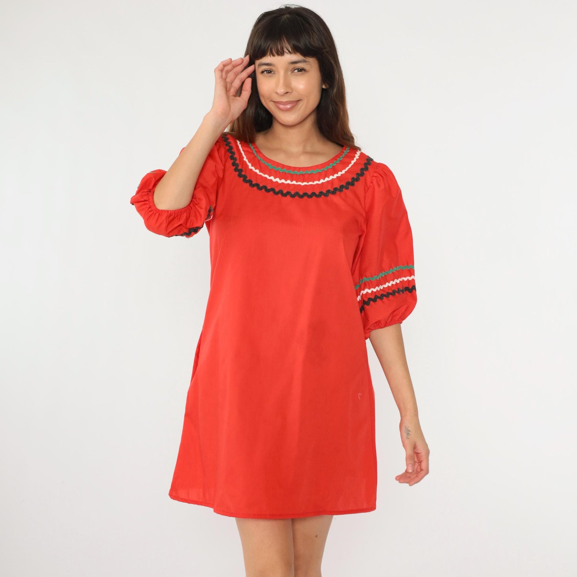 70s Red Mini Dress Puff Sleeve Ric Rac Trim Folk Country Shift Medium