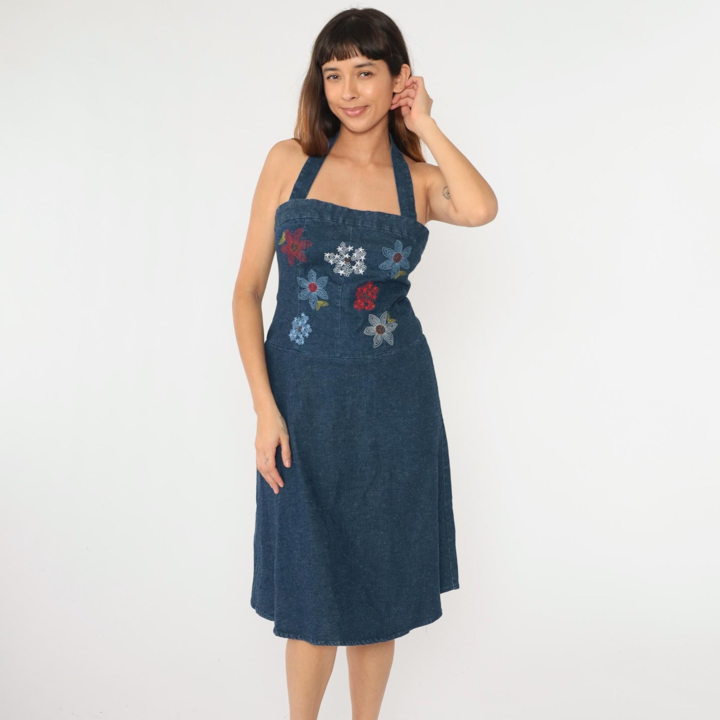 Y2K Denim Midi Dress Floral Embroidered Halter Neck Backless Small