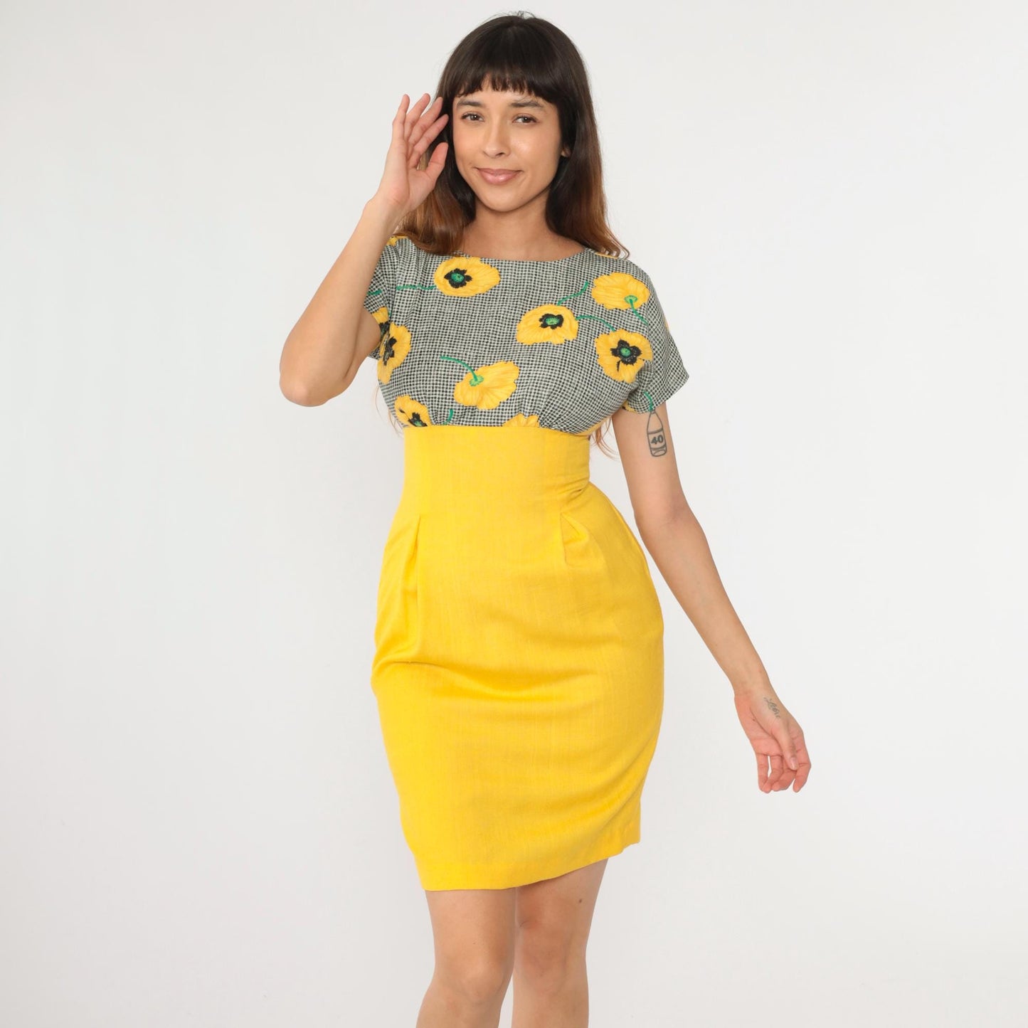 80s Yellow Floral Black Gingham Empire Waist Mini Dress Pleated Small