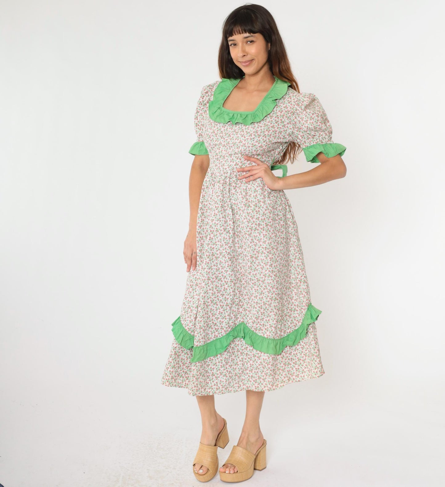 70s White Calico Floral Midi Dress Puff Sleeve High Waist Ruffled Medium Large