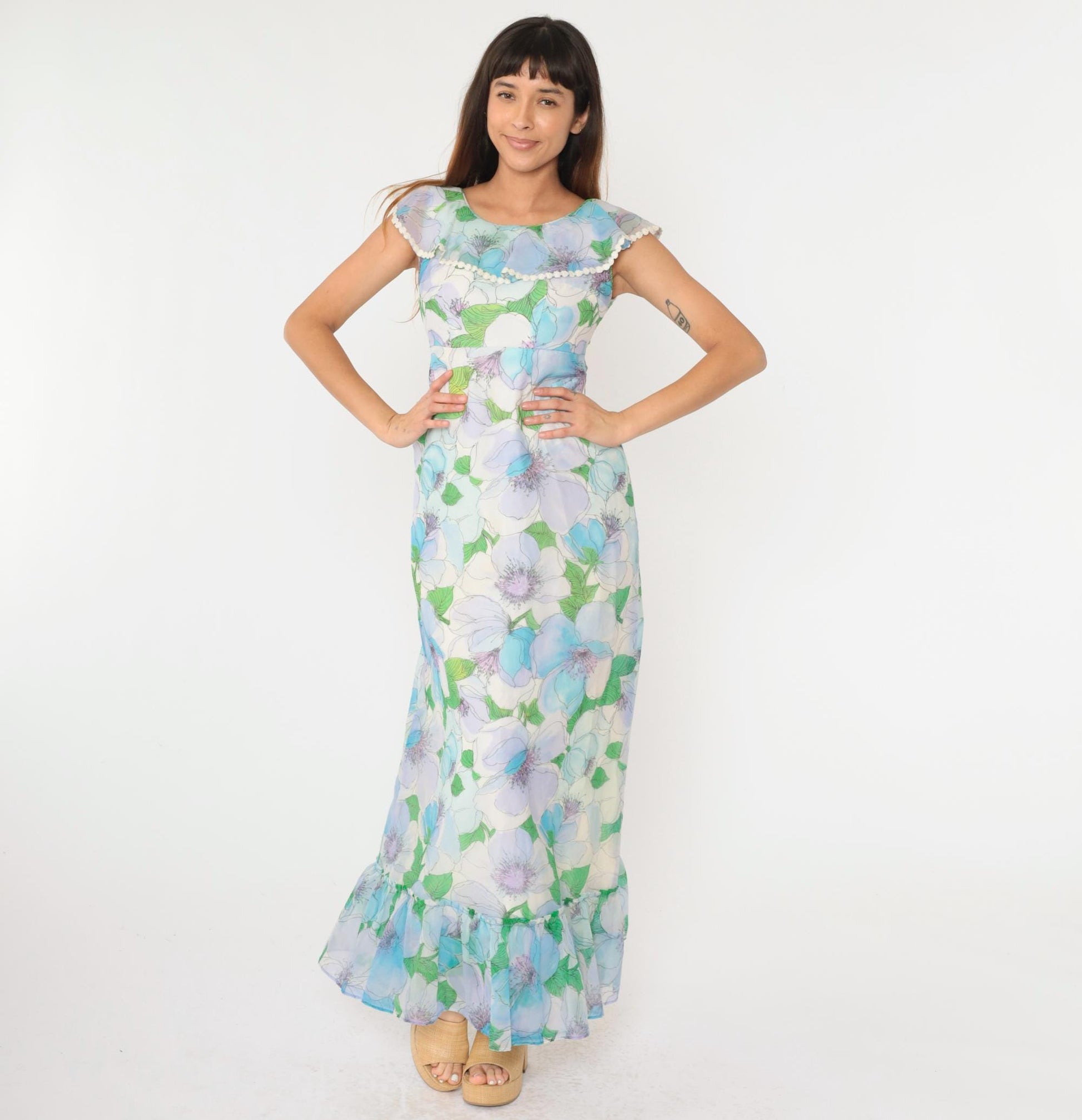 70s Floral Chiffon Maxi Dress Blue Green Ruffle Hem Open Back Small